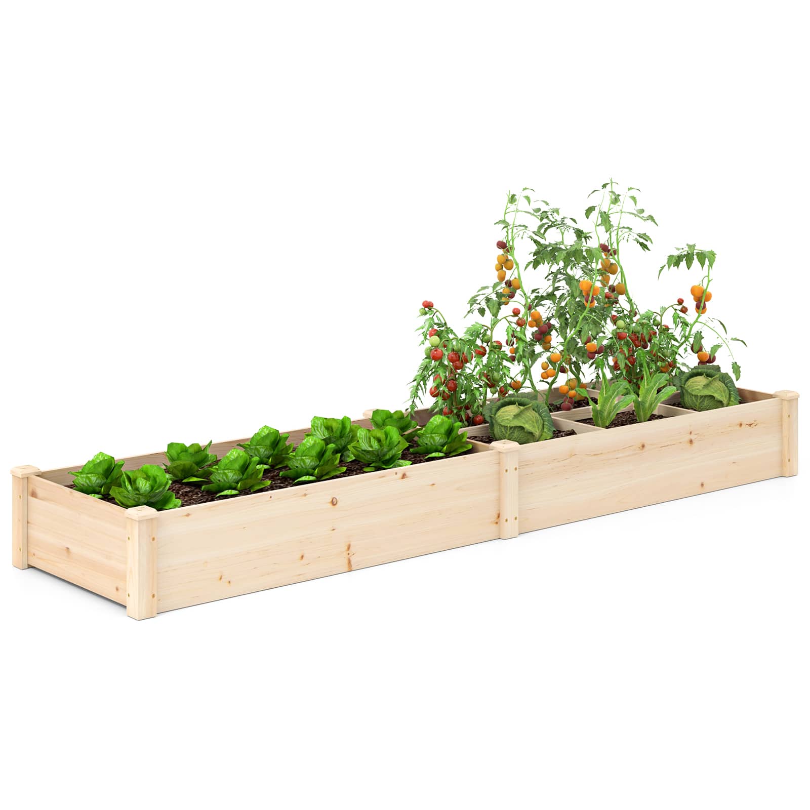 Gymax - Wooden Raised Garden Bed w/ 2 Planter Boxes Divider Open-Ended Base for Flower - Natural