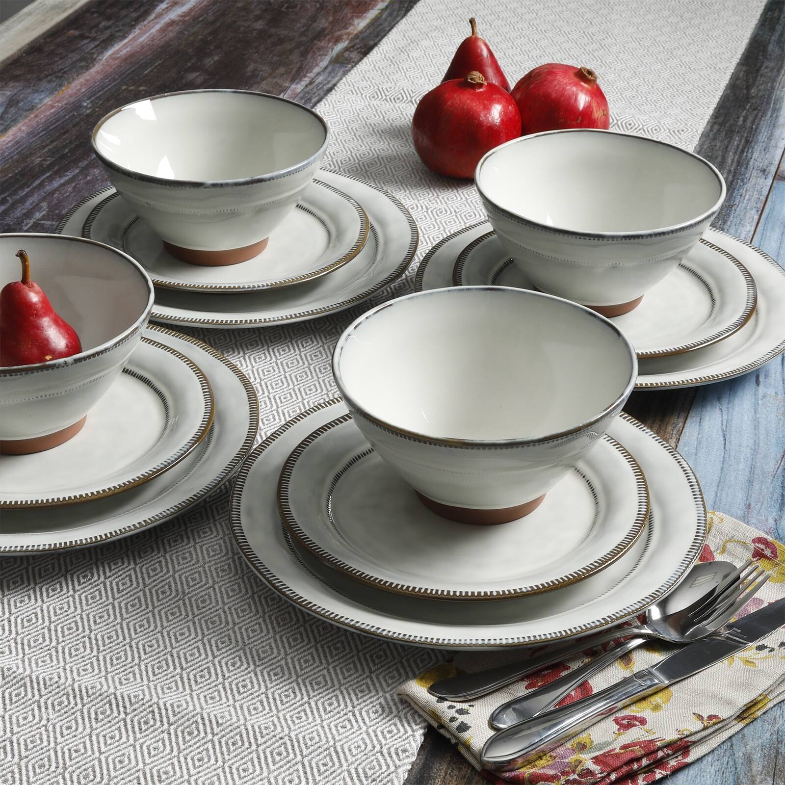 Alt View 3. Gibson - Gibson Elite Terranea 12 Piece Stoneware Dinnerware Set in White, Service for 4 - White.