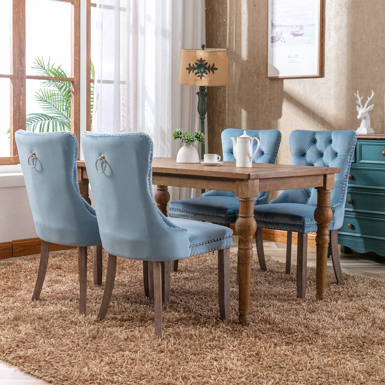 Back. Z-Edge - Velvet Dining Chairs Set of 2, Upholstered High-end Tufted Dining Room Chair with Nailhead Back Ring Pull Trim Wood Legs - Light Blue.