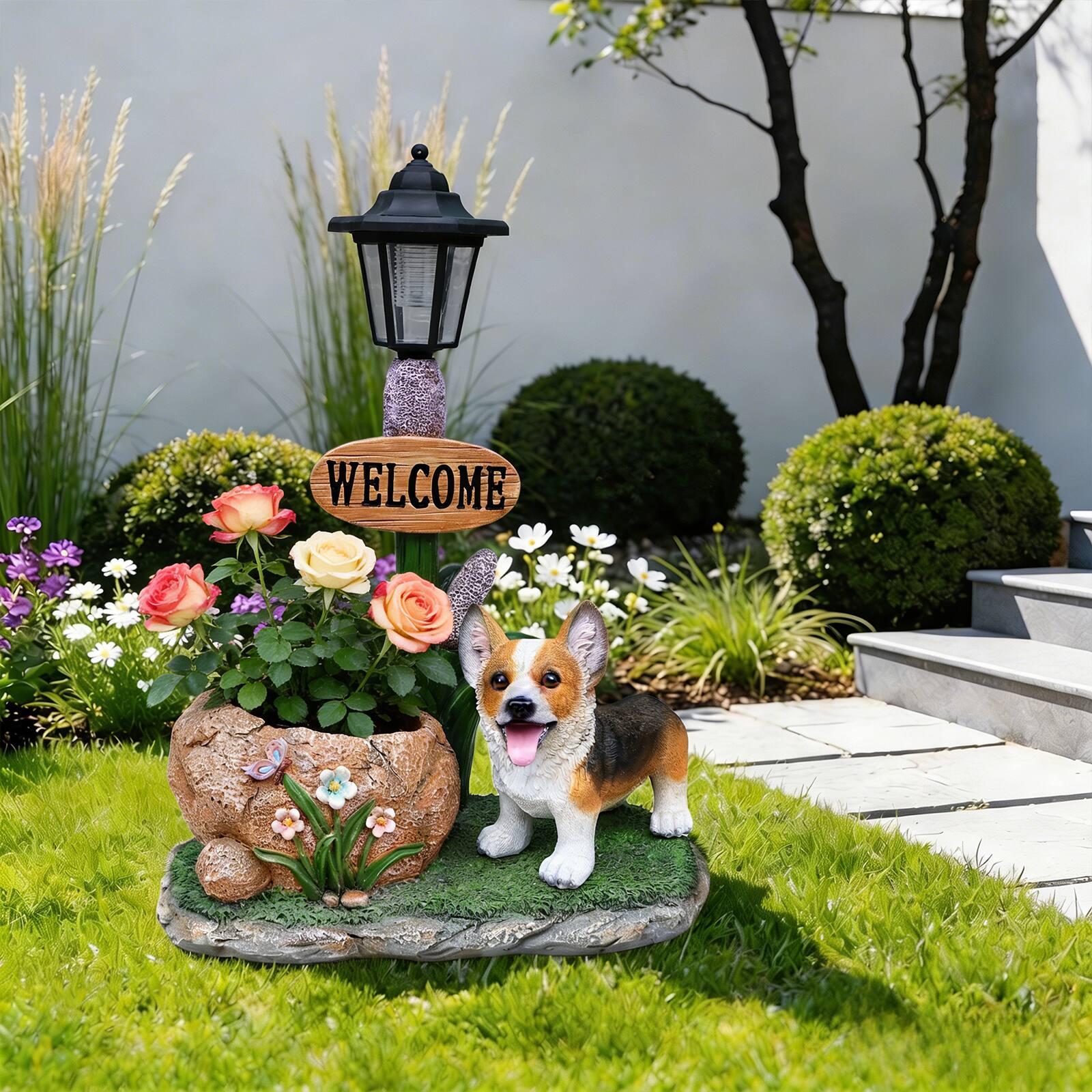 Angle. Anysun - Corgi Dog Planter Garden Decor – Adorable Corgi Statue with Built‑In Flower Pot for Succulents or Herbs, Indoor/Outdoor - Brown.