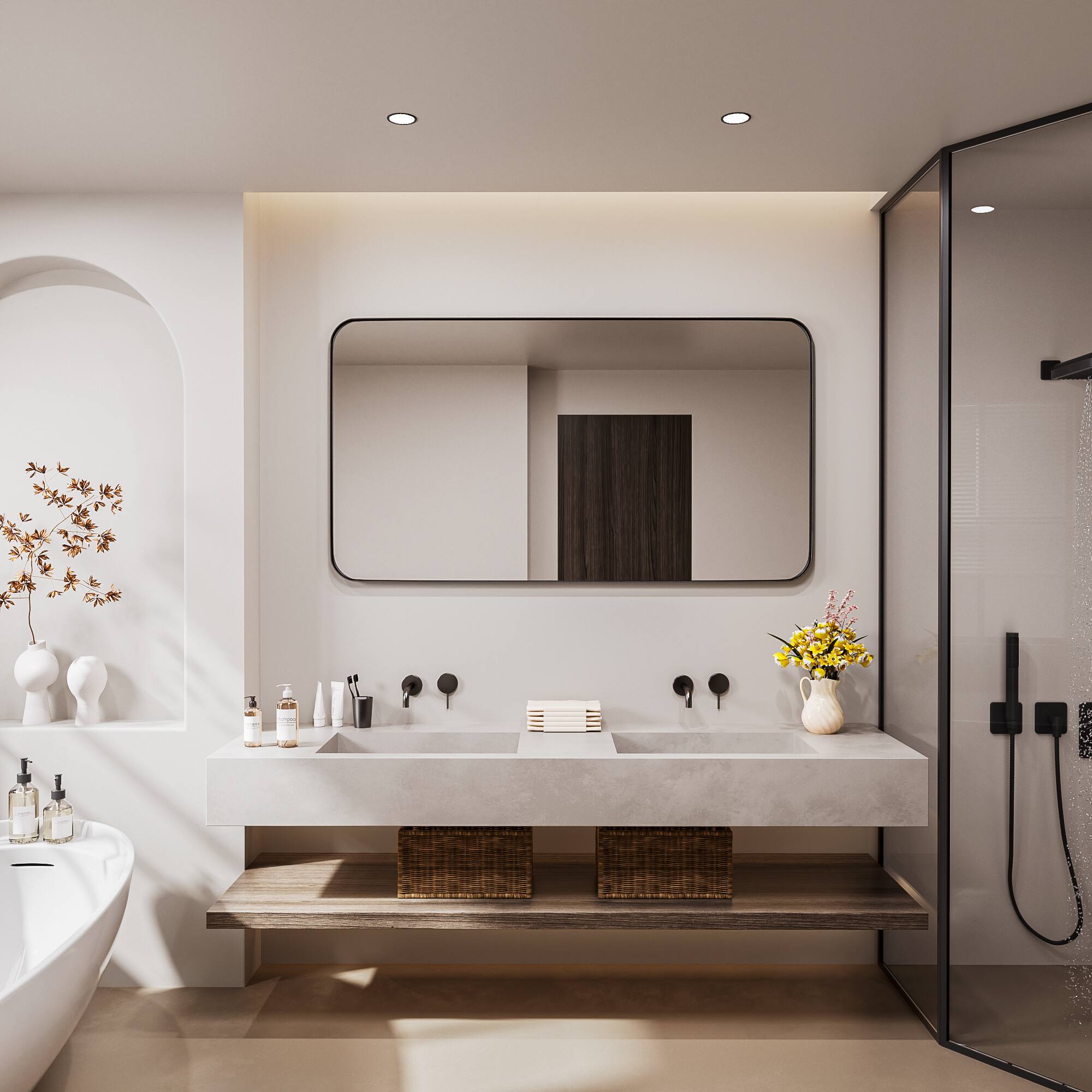 Alt View 12. LOVMOR - Tempered Glass Rounded Rectangle Framed Wall-Mounted Bathroom Vanity Mirror - 55" x 30" - Black.