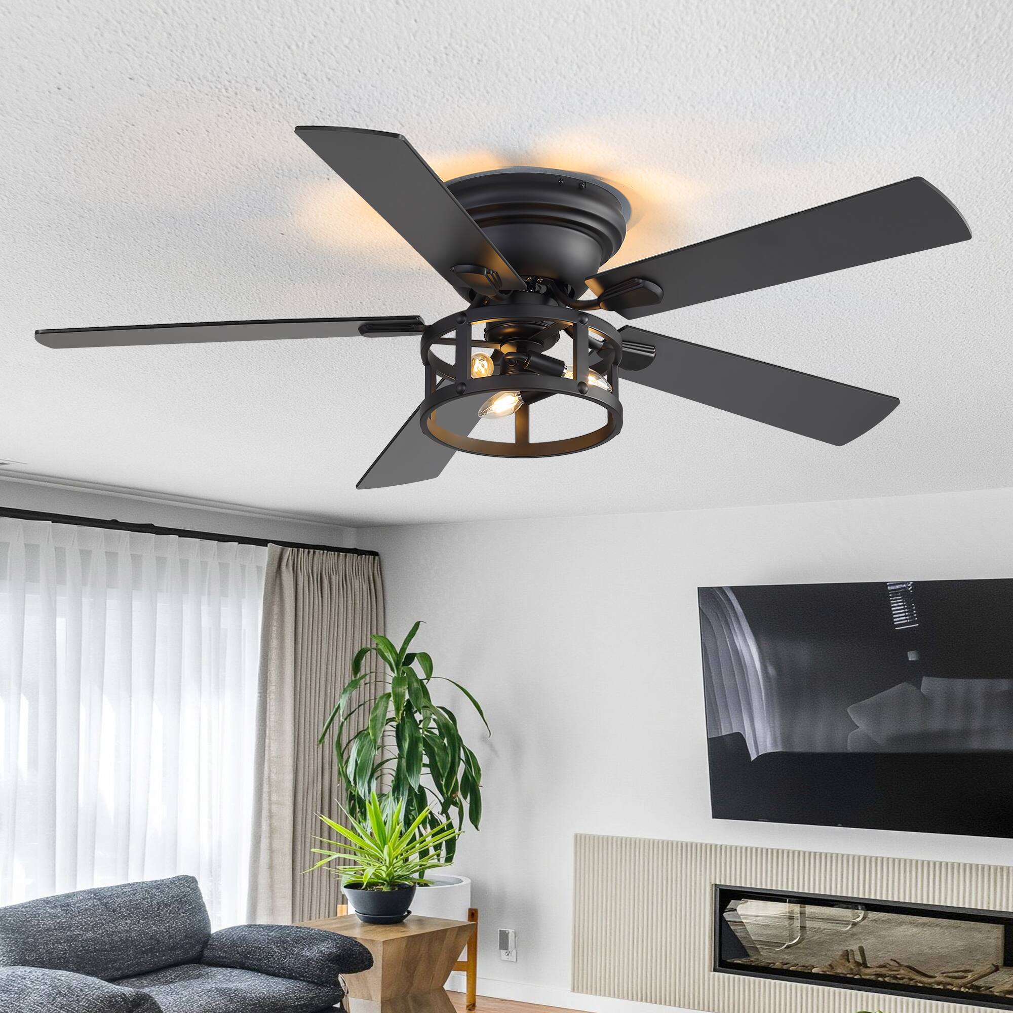 Front. Breezary - 52-Inch Surface Mounted Ceiling Fan with Open Frame Light, E12 Bulbs, DC Motor, Remote, 6 Speeds, Timer - Black & Walnut.