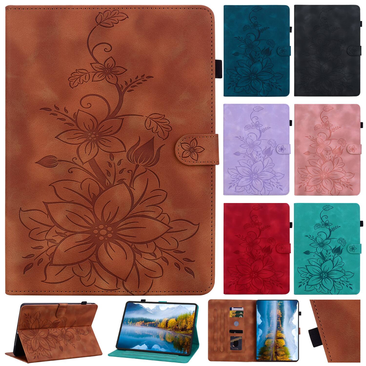 Left. Dteck - Case for Lenovo Tab M10 Plus (3rd Gen) 10.6-inch 2022 with Card Holder Kickstand,Embossed Pattern PU Leather Flip Cover - Brown.