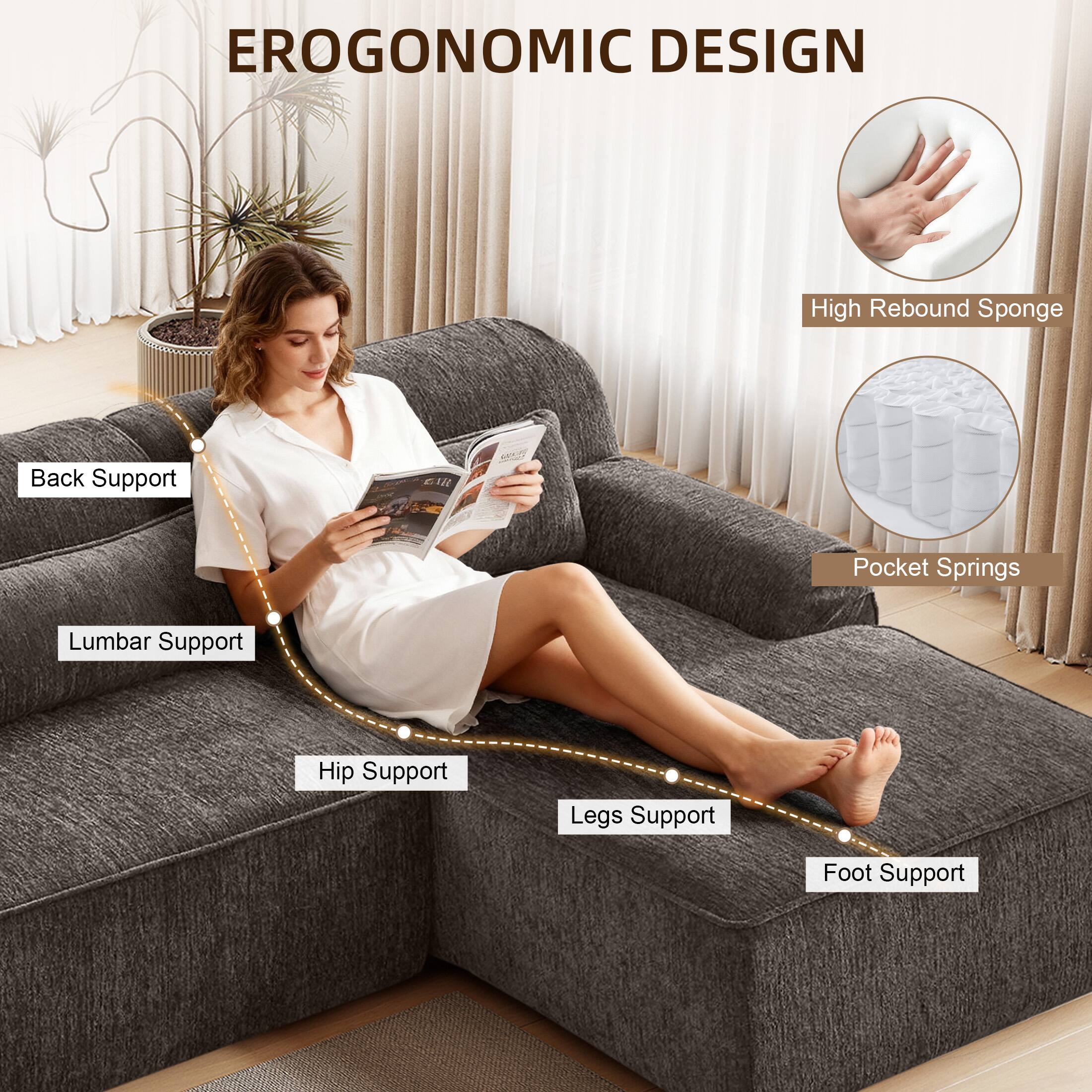 EROGONOMIC DESIGN

- High Rebound Sponge
- Pocket Springs

Back Support
Lumbar Support
Hip Support
Legs Support
Foot Support