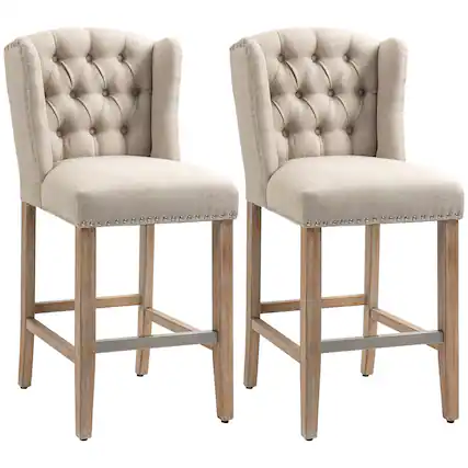 Front. Homcom - Counter Height Bar Stools Set of 2, 27" Seat Height Upholstered Barstools, Farmhouse Kitchen Island Stools - Beige.