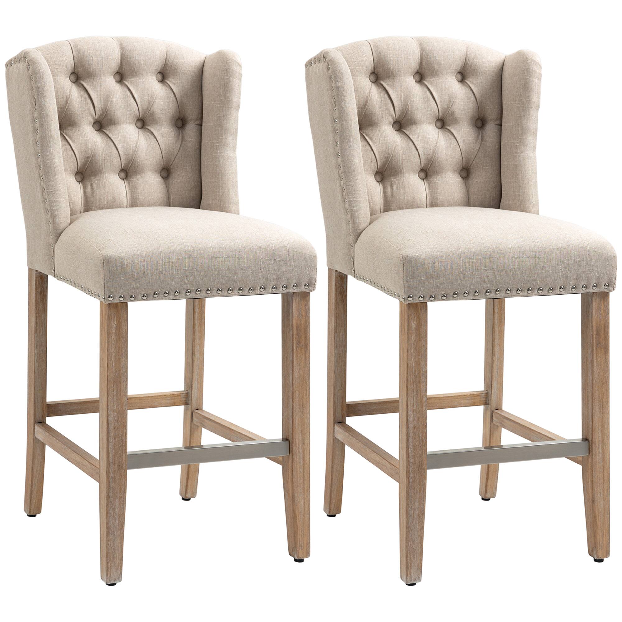 Homcom - Counter Height Bar Stools Set of 2, 27" Seat Height Upholstered Barstools, Farmhouse Kitchen Island Stools - Beige