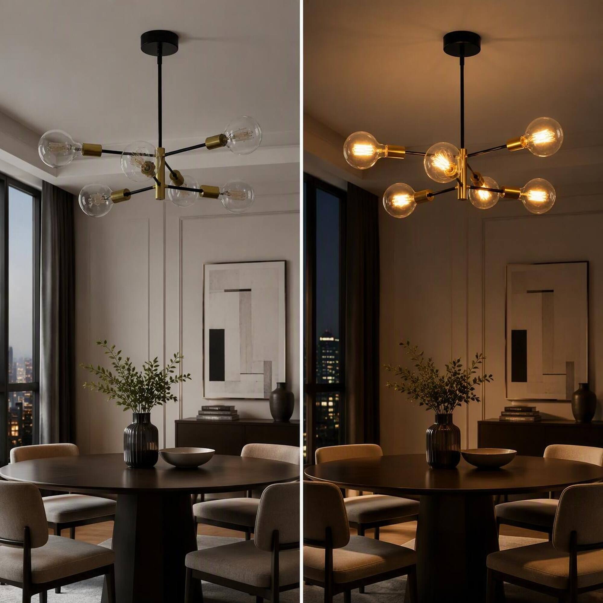 Back. RYHNUYNE - 6-Light Modern Sputnik Chandelier, Black Brass Finish Industrial Pendant Fixture Adjustable Height - Black+Gold.