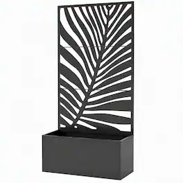 RYHNUYNE - Outdoor Raised Garden Bed with Leaf Privacy Screen and Tall Trellis, 32-Gallon Metal Planter Box for Patio - Black