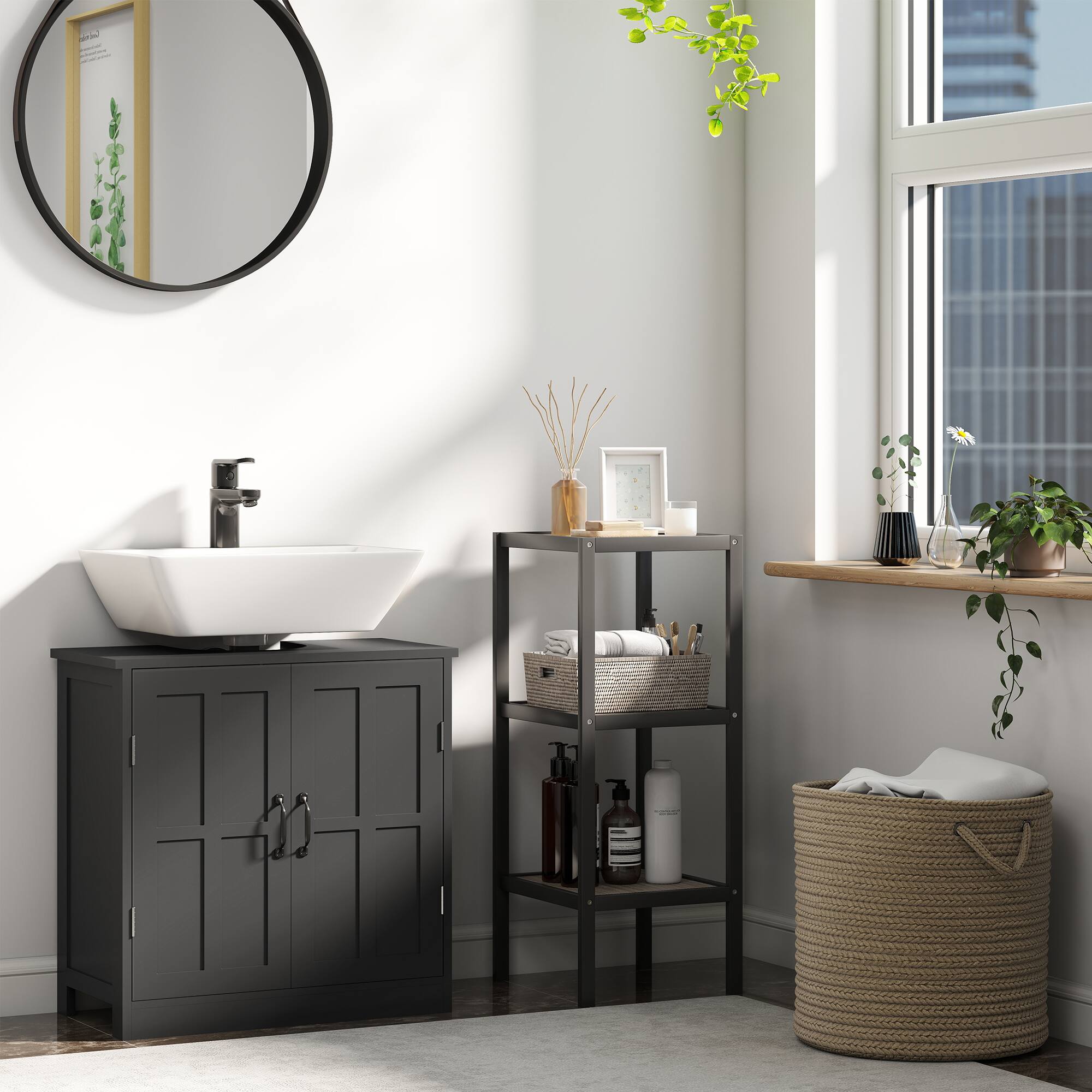 Alt View 5. Homcom - Pedestal Sink Storage Cabinet, Under Sink Cabinet with 2 Doors and Adjustable Shelf - Black.
