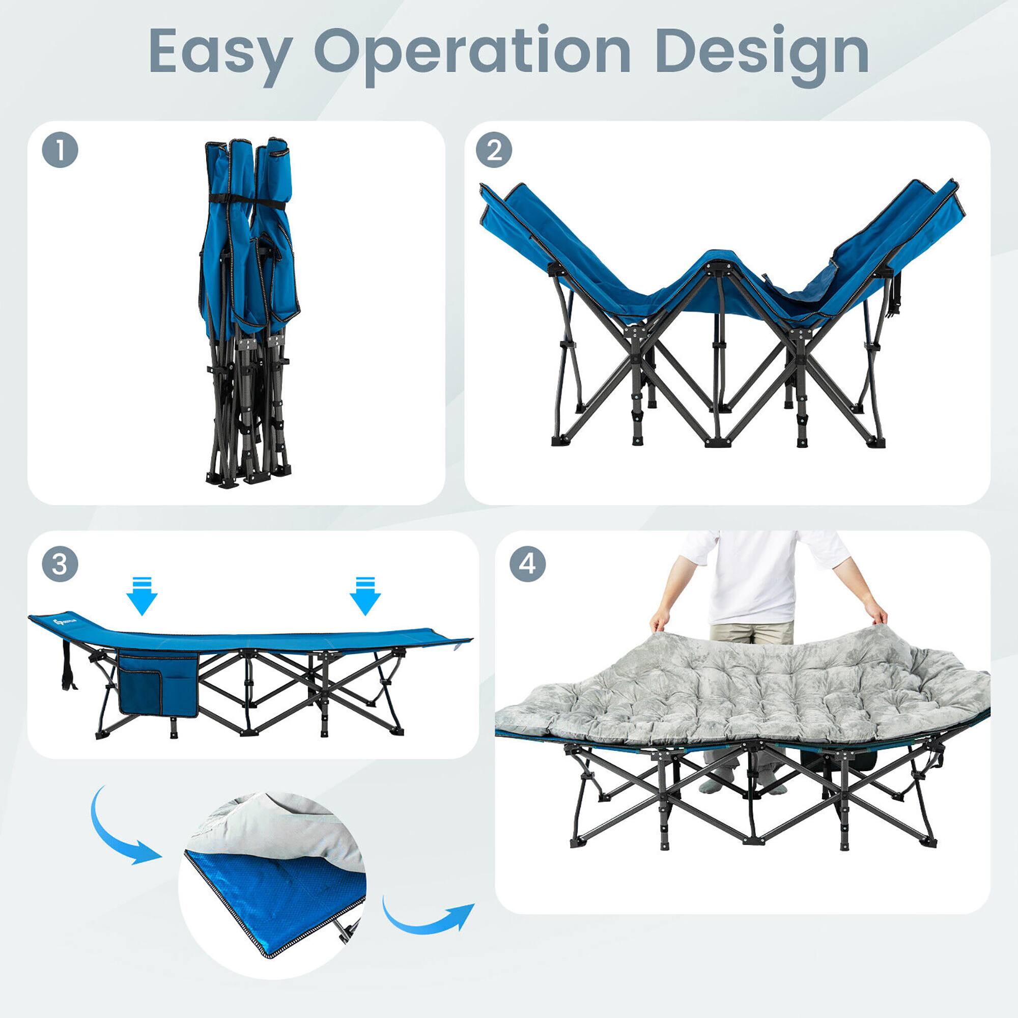 Easy Operation Design

1. [Image of folded tent]
2. [Image of tent being set up]
3. [Image of tent fully set up with arrows indicating steps]
4. [Image of person placing a mattress on the tent]