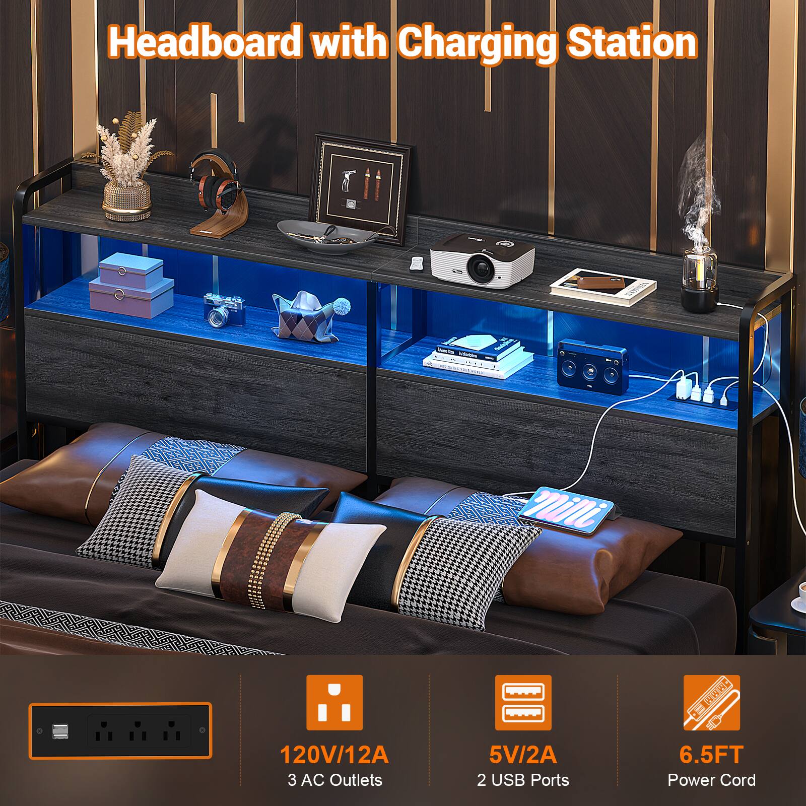 Headboard with Charging Station

- 120V/12A
- 3 AC Outlets
- 5V/2A
- 2 USB Ports
- 6.5FT Power Cord