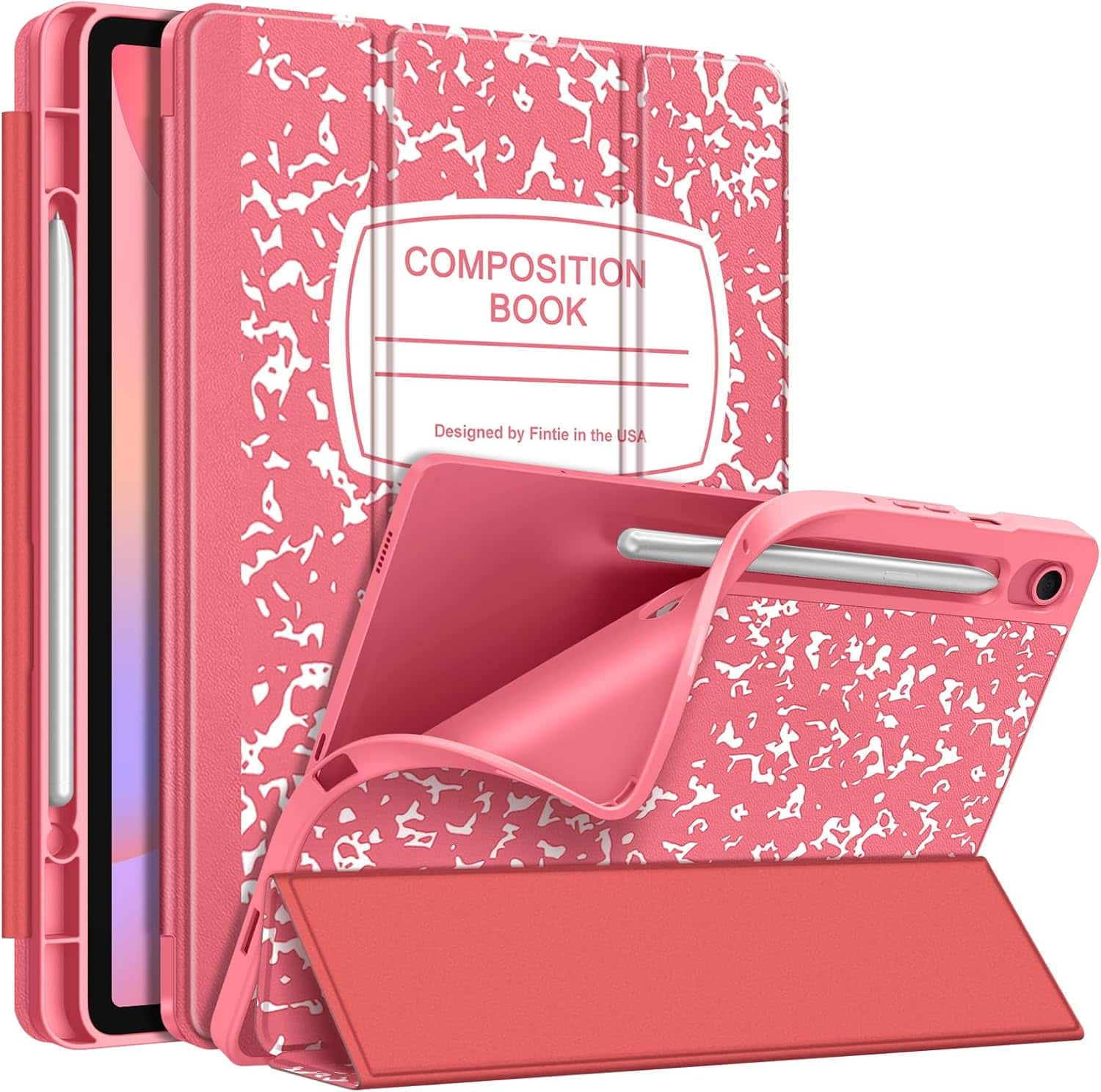 Fintie - Slim TPU Case for Samsung Galaxy Tab S10 Lite/Tab S10 FE/Tab S9 FE/Tab S9, Tri-Fold Viewing Stand Cover, Auto Sleep Wake - Composition Book Pink
