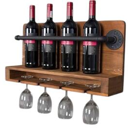 Hivvago - 4 Bottle Rustic Farmhouse Wall Mounted Wine Rack with Glass Holder - Brown