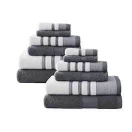 Plazatex - Two Tone Zero Twist 100% Cotton Soft & Absorbent 12 Piece Bathroom Towel Set - Gray