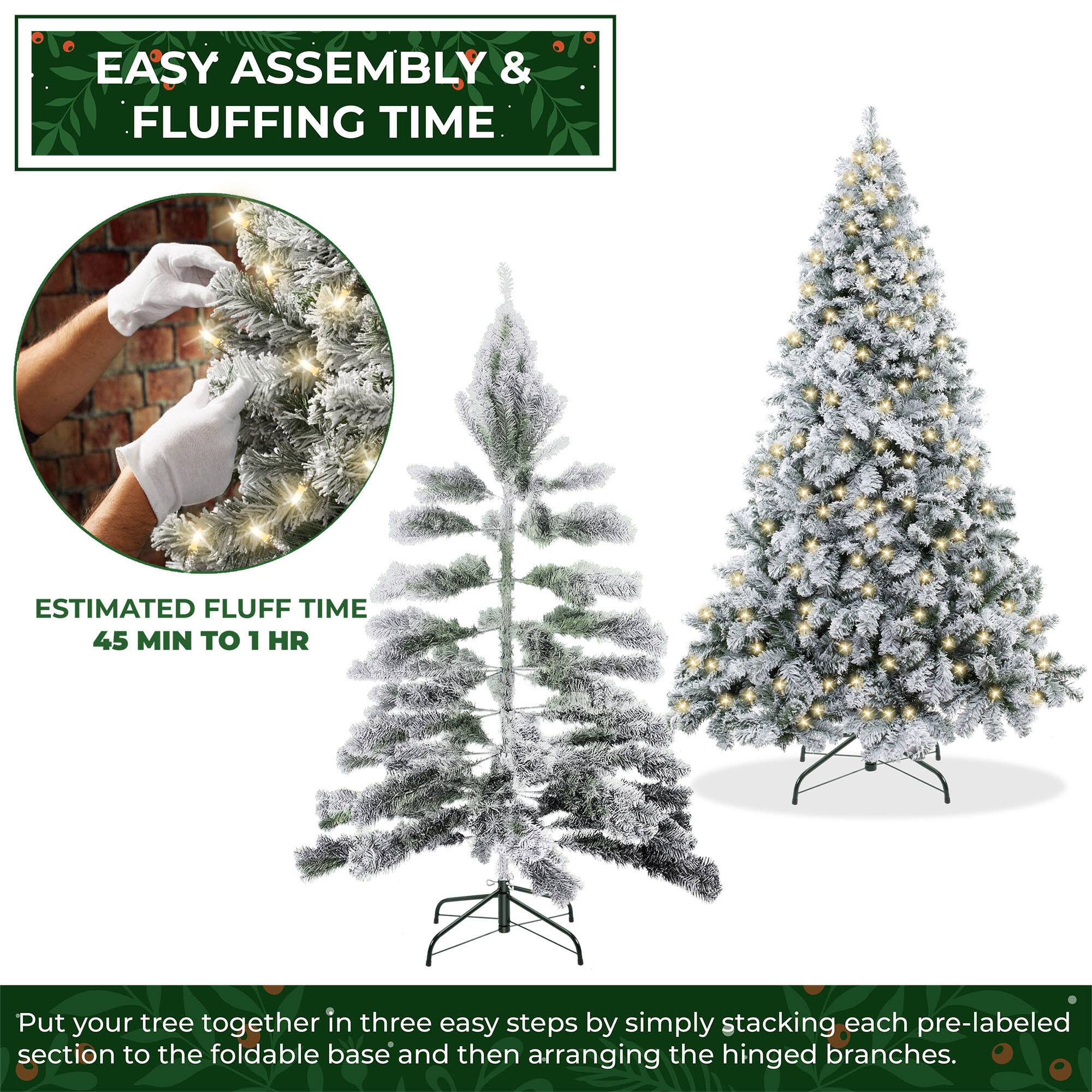 EASY ASSEMBLY & FLUFFING TIME

ESTIMATED FLUFF TIME 45 MIN TO 1 HR

Put your tree together in three easy steps by simply stacking each pre-labeled section to the foldable base and then arranging the hinged branches.