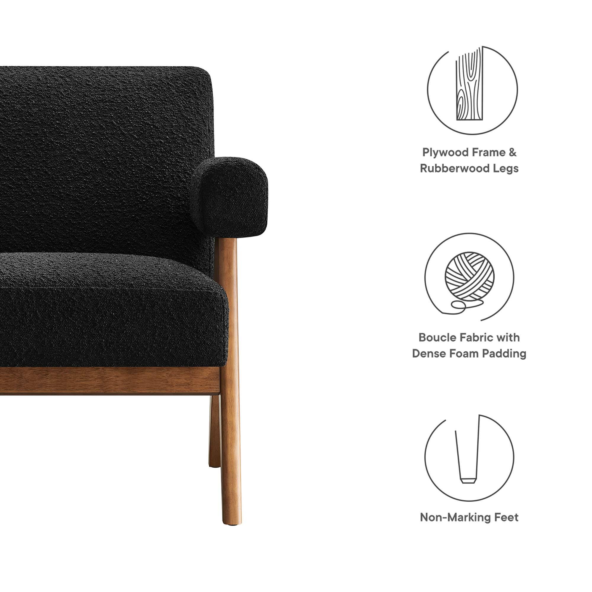 Plywood Frame & Rubberwood Legs  
Boucle Fabric with Dense Foam Padding  
Non-Marking Feet