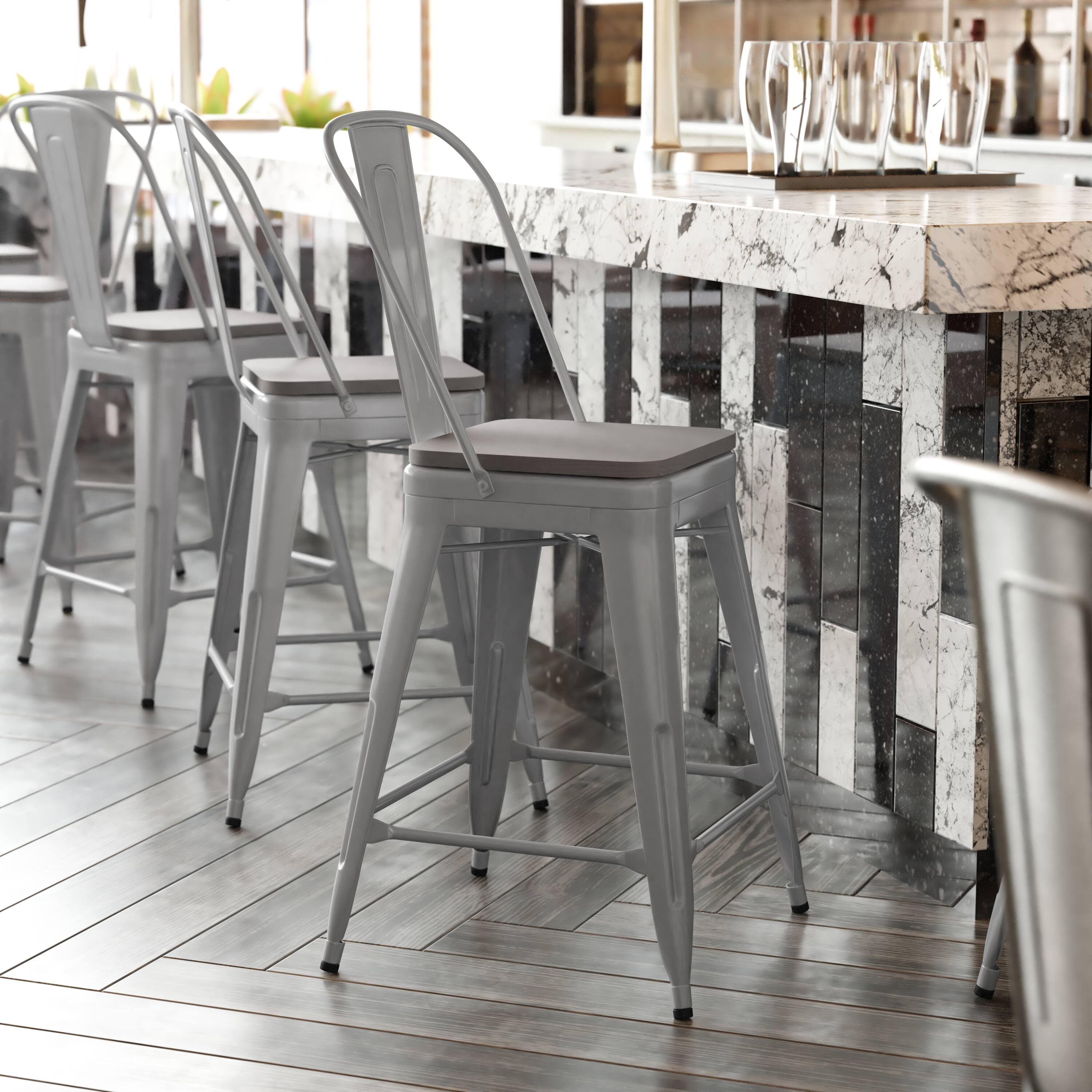 Alt View 1. Emma + Oliver - Kam Metal Indoor-Outdoor Stool with Removable Back and All-Weather Polystyrene Seat - Gray Seat/Silver Frame.