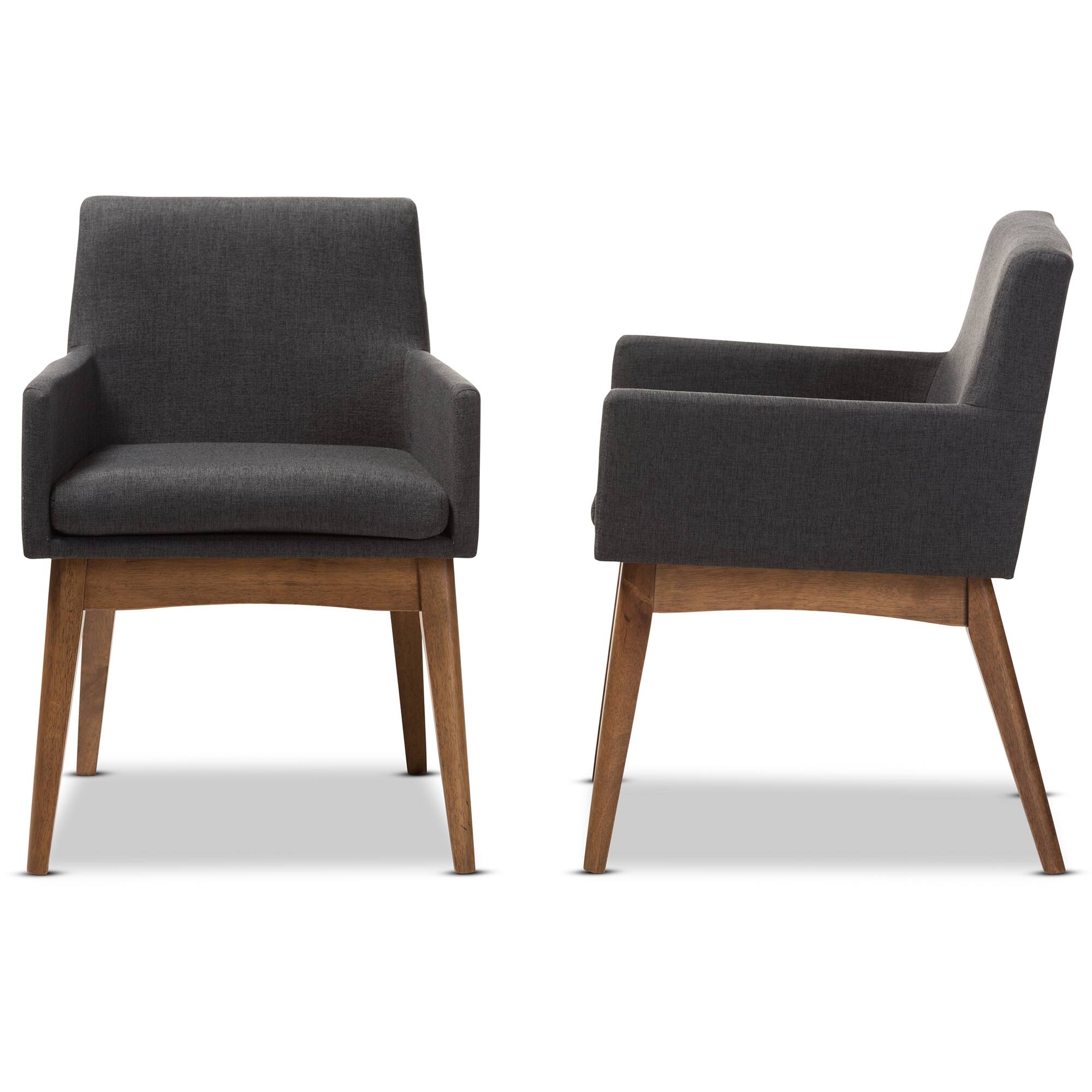 Left. Baxton Studio - Set of 2 Nexus Mid-Century Modern Walnut Wood Finishing Gravel Fabric Dining Armchairs - "Gravel" Grey/"Walnut" Brown.