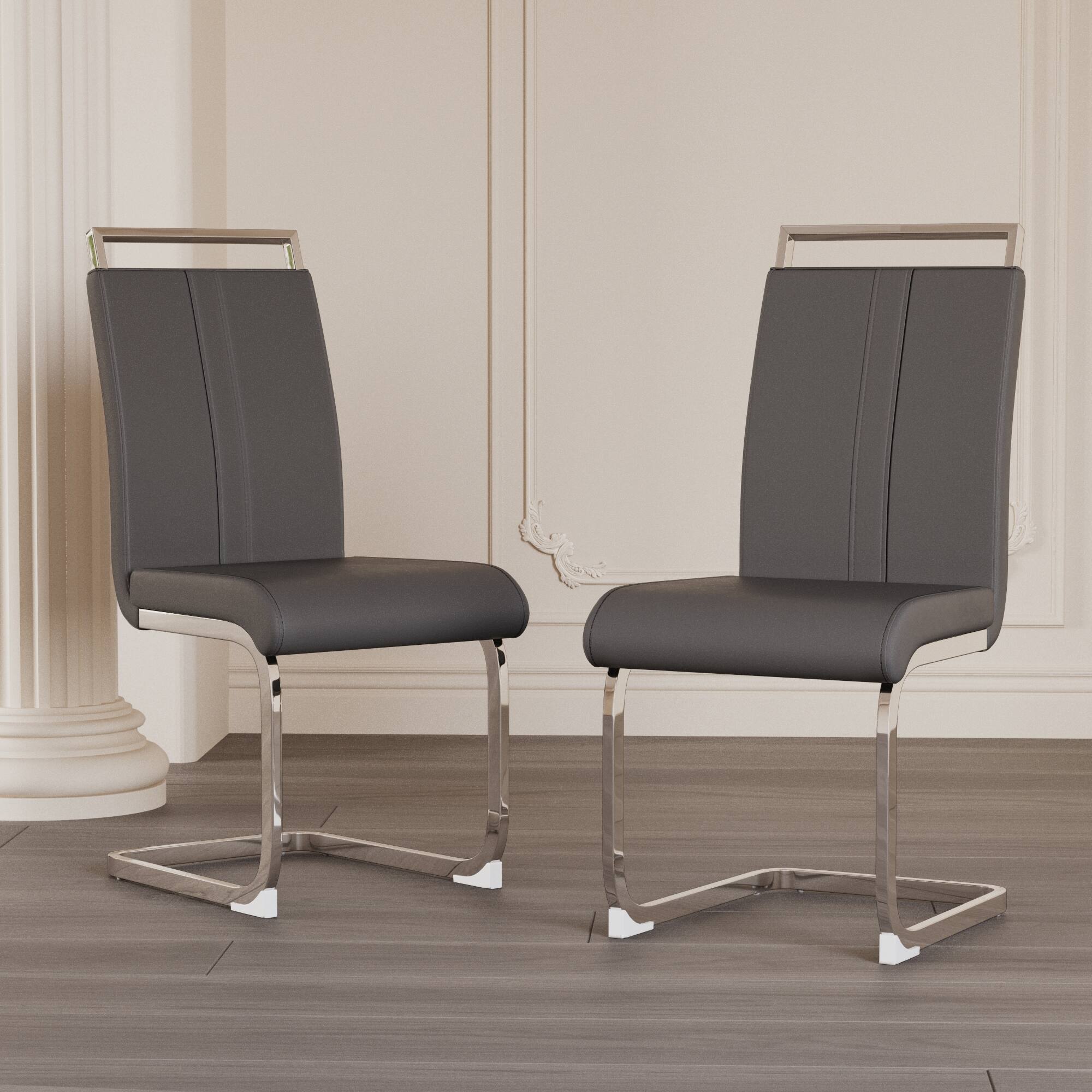 Alt View 1. TinyHomie - Set of 4 Grey PU Leather High Back Dining Chairs C-Shaped Metal Legs - gray.