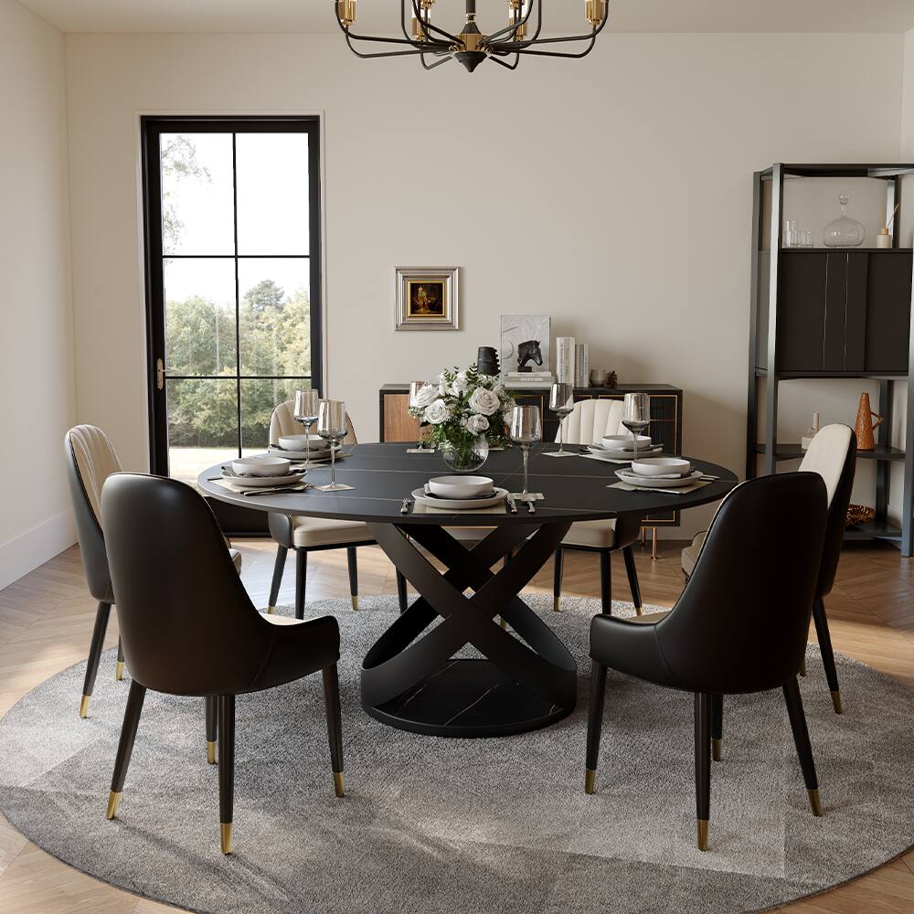 Angle. POVISON - 59" Modern Round Black Dining Table for 6, Matte Sintered Stone Tabletop with Black X Carbon Steel Base - Black Matte Sintered Stone with Black.