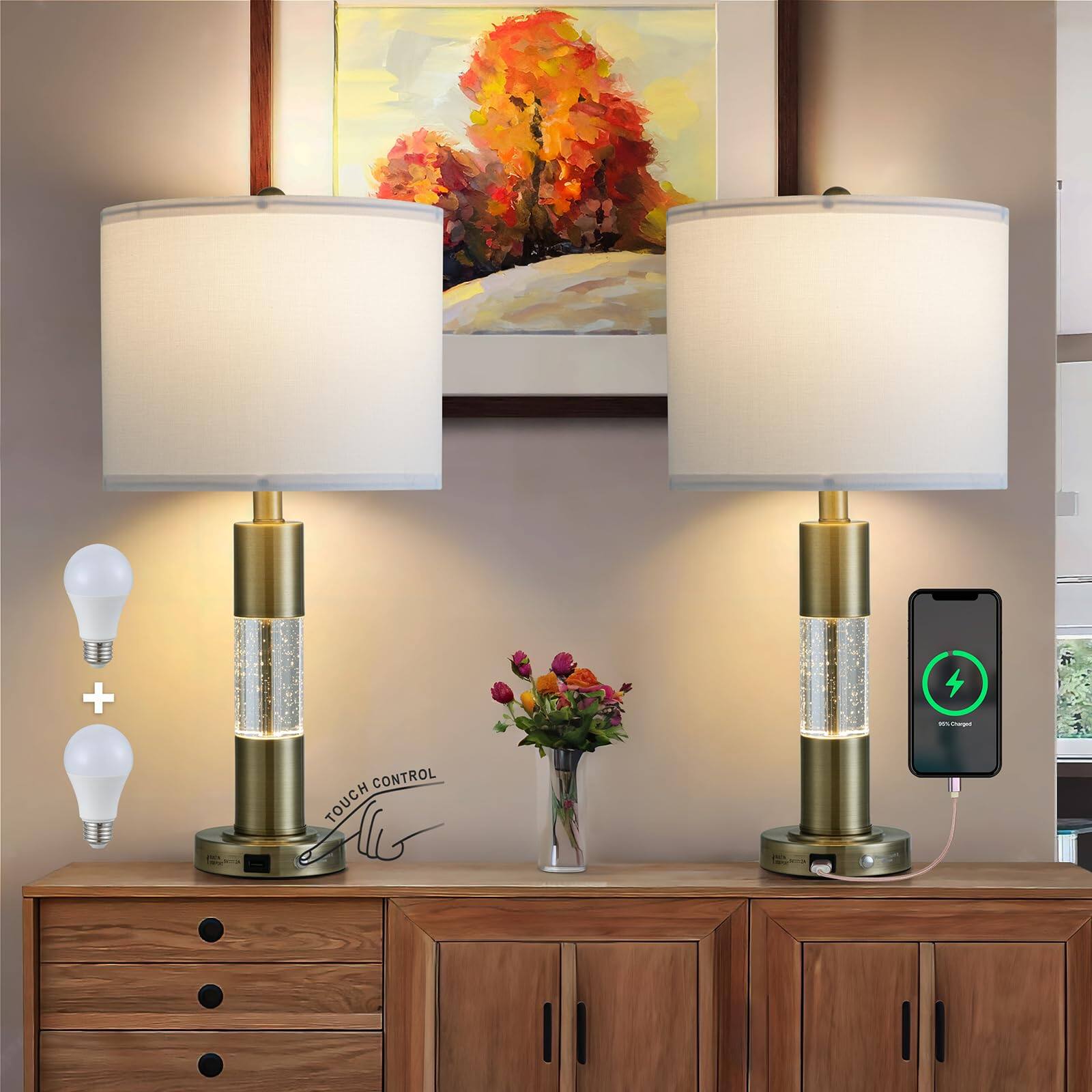 TECH SAFARI Touch Control Table Lamp Set Of Crystal Nightstand Lamps ...