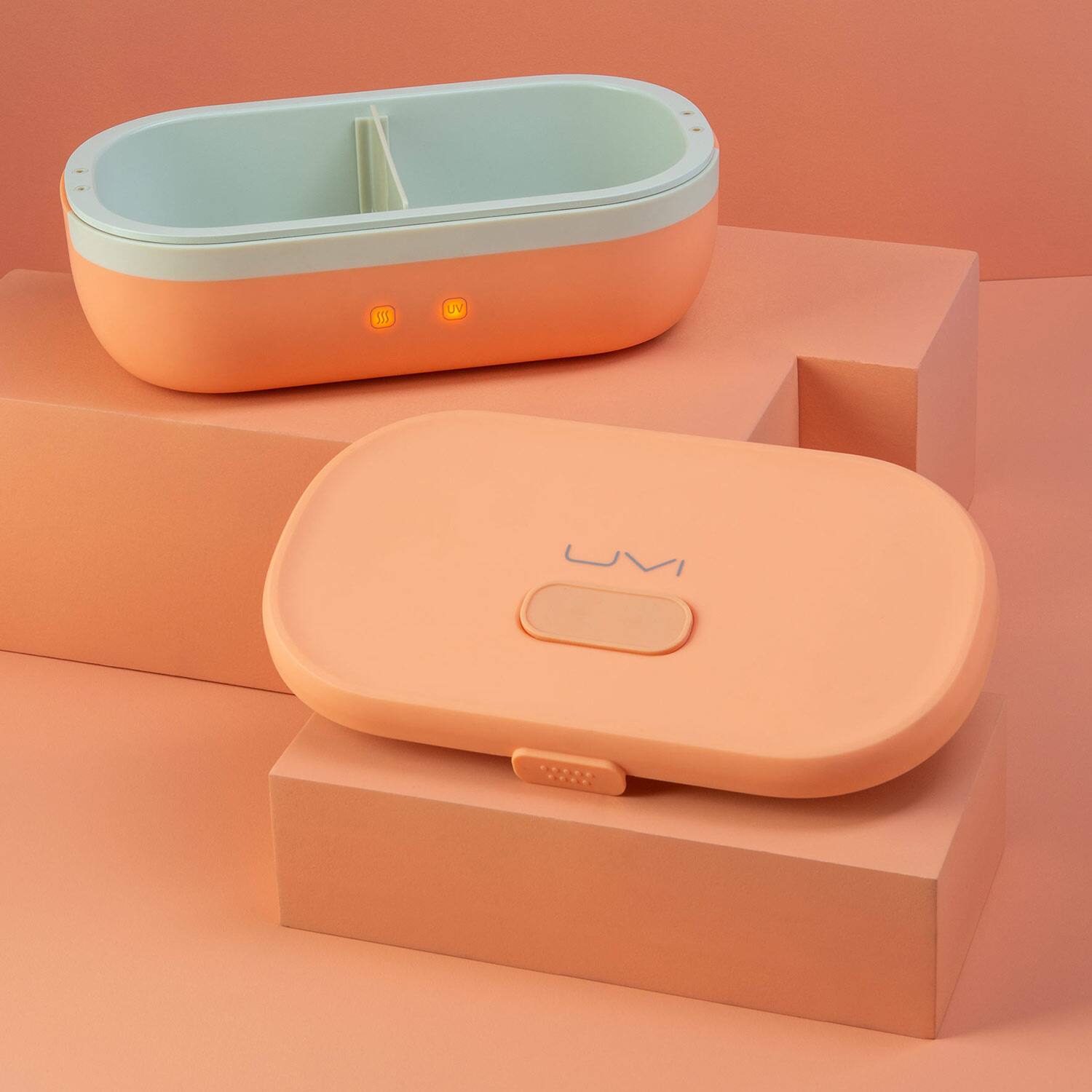Angle. UVI - Portable Self-Heating Lunch Box with UV Sanitizer (BPA-Free, Food-Safe, Heat-Resistant) - Salmon.