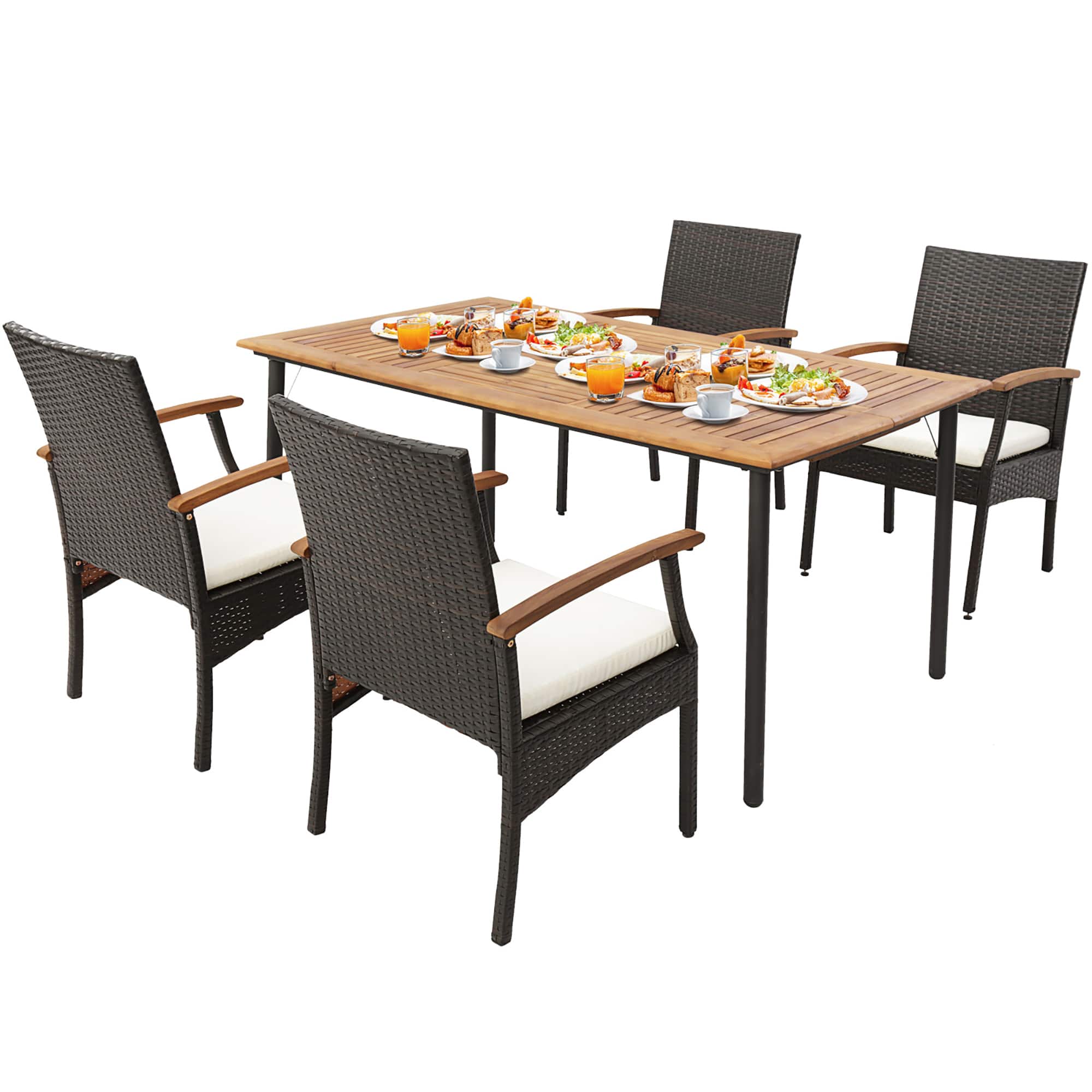 Gymax - 5PCS Wicker Dining Set Cushion Acacia Wood Armchairs Table w/ Umbrella Hole Patio - Black, Brown price history on PriceWatchPro