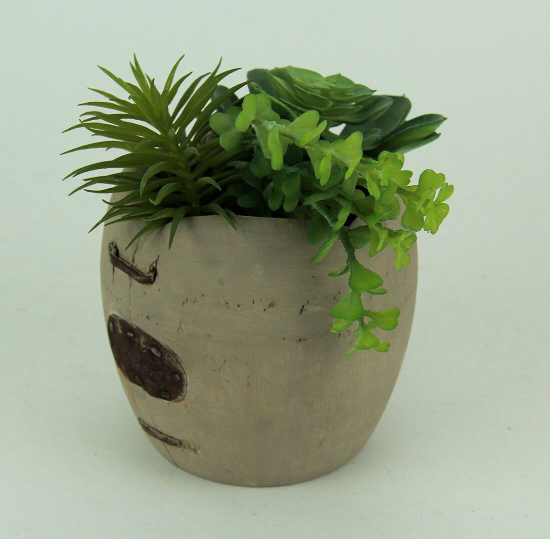 Alt View 1. Zeckos - Artificial Succulents in Rustic Apple Shaped Wood Planter - Grey.