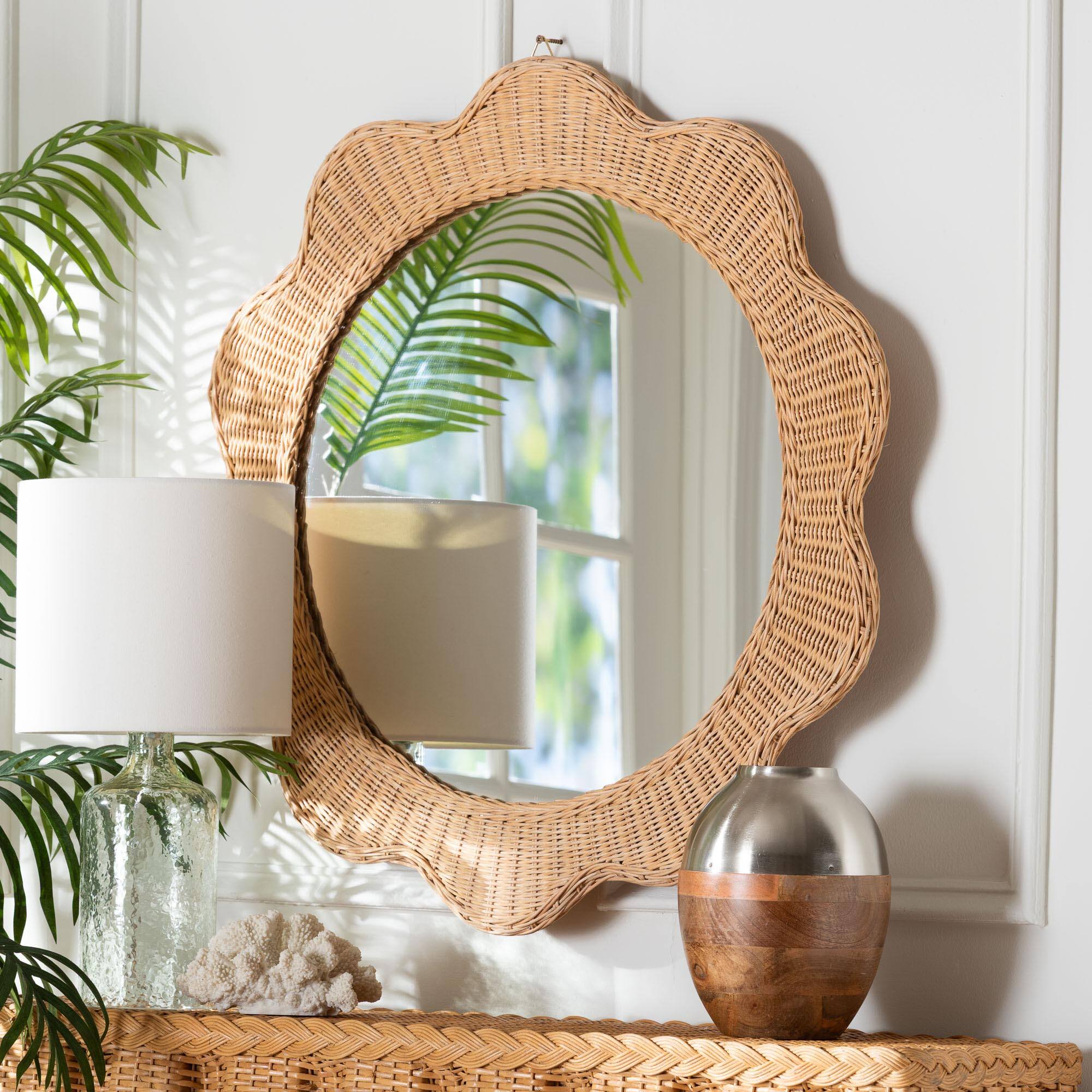 Left. bali & pari - Makoto Scalloped Natural Rattan Wall Mirror - Handwoven Wicker Round Frame, Boho Coastal Accent Wall Decor - Honey.