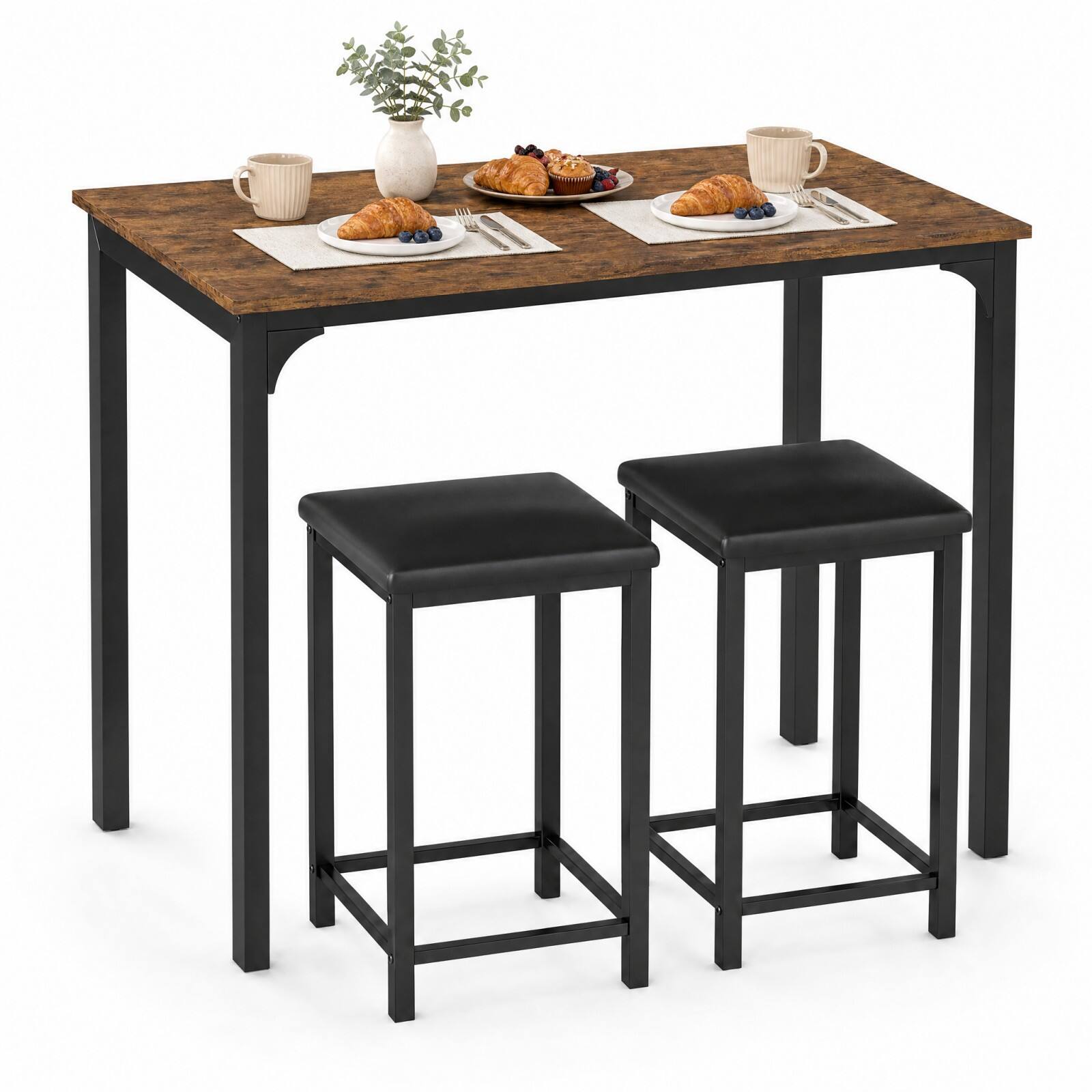 Alt View 1. Gymax - Gymax Set of 3 Counter-Height Dining Table Set Rectangle Bar Table w/ 2 Upholstered Stools Padded Seats Metal Legs - Brown.