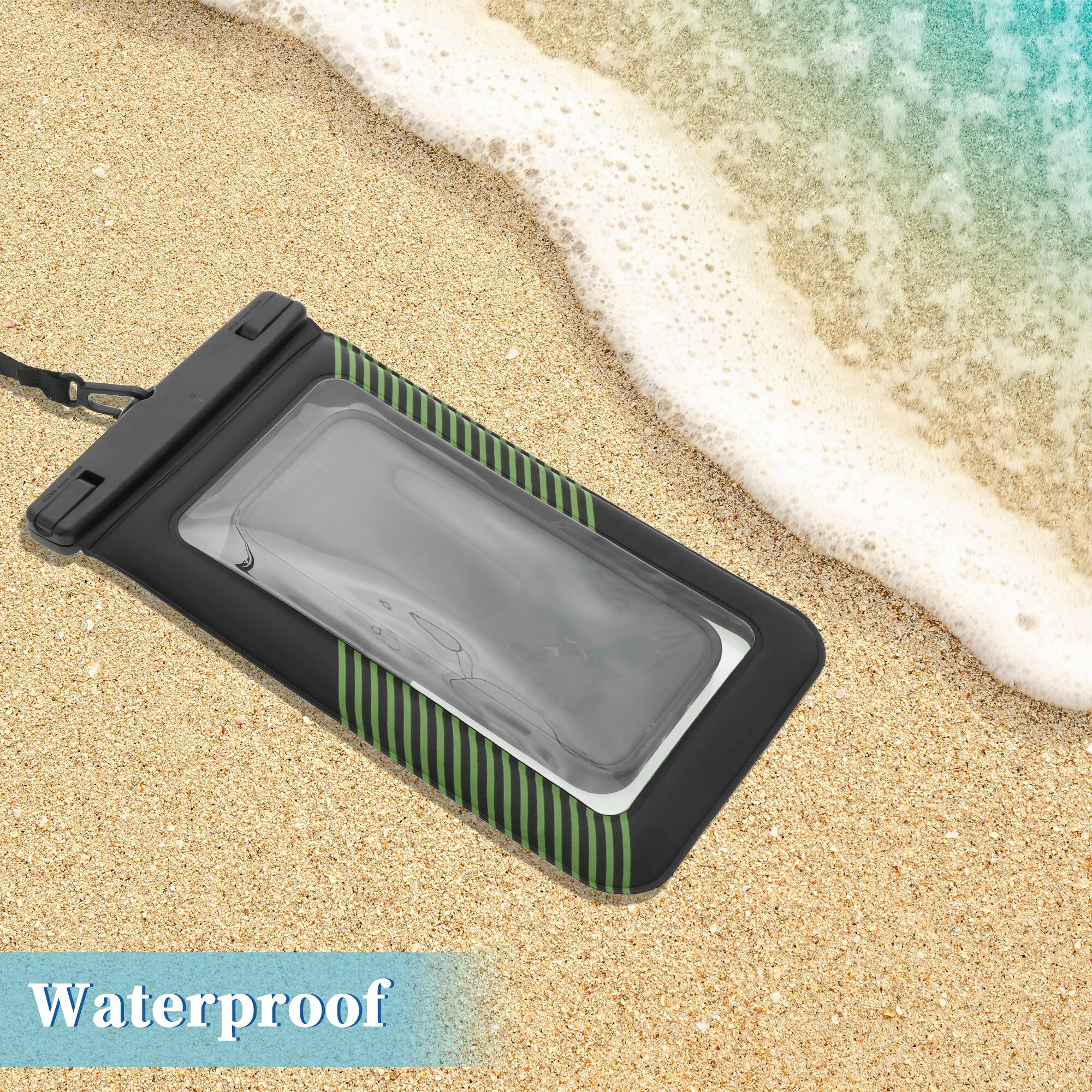 Alt View 1. Unique Bargains - 2 Pcs Half Stripe Mobile Waterproof Bag Universal Waterproof Case Compatible for Phone 5.51"x9.06" - Black Green.