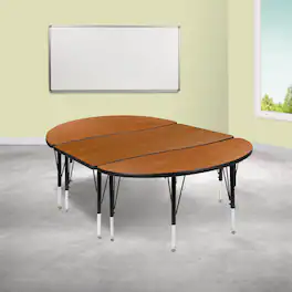 Emma + Oliver - 3 Piece 76" Oval Wave Collaborative Grey Kids Adjustable Activity Table Set - Oak