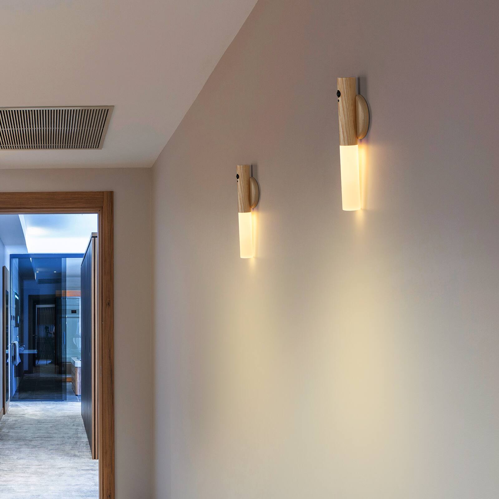 Alt View 3. Oumilen - 2 Pack Motion Sensor LED Wall Sconce – Rechargeable Magnetic Ash Wood Wall Light.