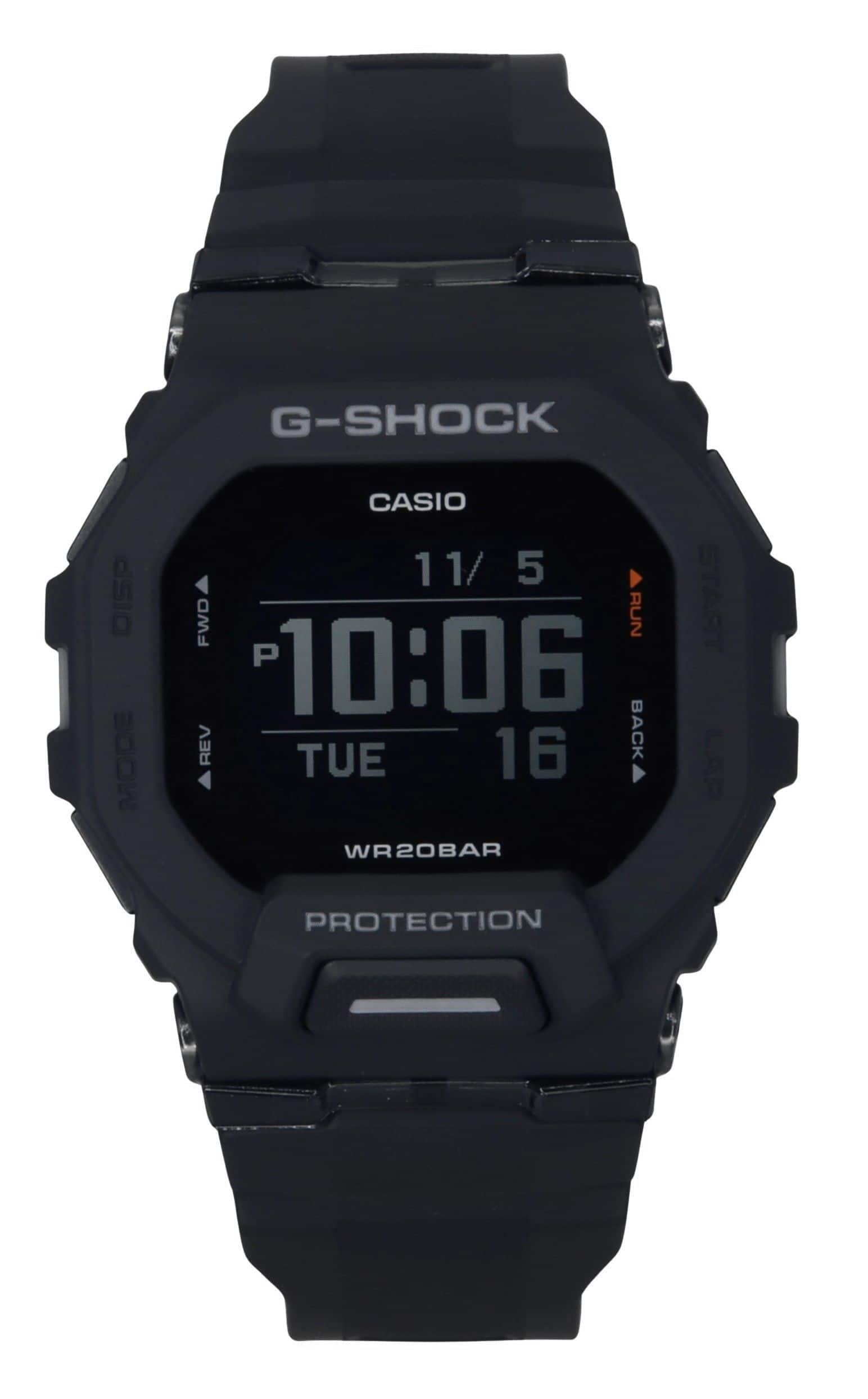 G-SHOCK DISP MODE CASIO 11/5 FWD RUN P 10:06 REV 16 BACK TUE WR20BAR START LAP PROTECTION