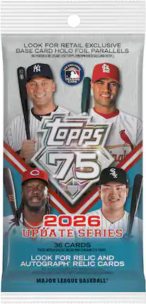 LOOK FOR RETAIL EXCLUSIVE BASE CARD HOLO FOIL PARALLELS (NO PURCHASE NECESSARY. VISIT TOPPS.COM/NPN FOR DETAILS AND ENTRY.) NY THE EXCLUSIVE LSS
TRADING CARD
TOPPS 75
2026 UPDATE SERIES
36 CARDS PACKS WITH A SPECIAL INSERT MAY CONTAIN LESS CARDS. LOOK FOR RELIC AND AUTOGRAPH* RELIC CARDS *May contain redemption cards with expiration dates. (NO PURCHASE NECESSARY. VISIT TOPPS.COM/NPN FOR DETAILS AND ENTRY.) MAJOR LEAGUE BASEBALL
