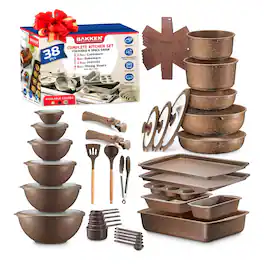 Bakken- Swiss - Bakken Master 38-Piece Set – Granite Nonstick Cookware, Detachable Handles, Glass Lids, Bakeware & Bowls - Brown