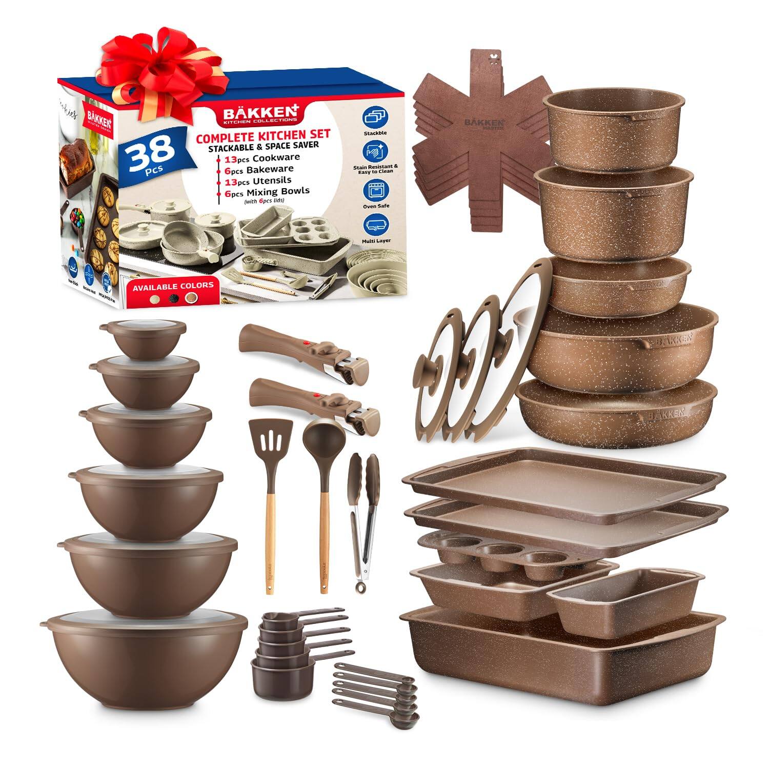 je BAKKER BKKEN INI. - BAKKER PCN-  KITCHEN SET SAckEe COMPLETE STACKABLE & SPACE SAVER 38 Pcs 1.3pcs Opes Bakeware Cookware Sain .. itan - - - 13pcs Utensils Goes Mixing Bowls Jwith ce - tven Suate Muni  AVAILABLE COLORS FXNEN 7 BAKKER
