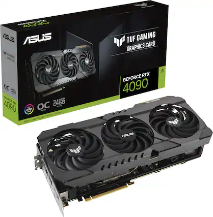 The image features a box containing an Asus TUF Gaming Graphics Card, which is a GeForce RTX 4090. The box is placed next to the graphics card, showcasing its features and specifications. The graphics card is designed for high-performance gaming and is equipped with advanced technology, such as RT cores and Tensor cores, to deliver an immersive gaming experience.