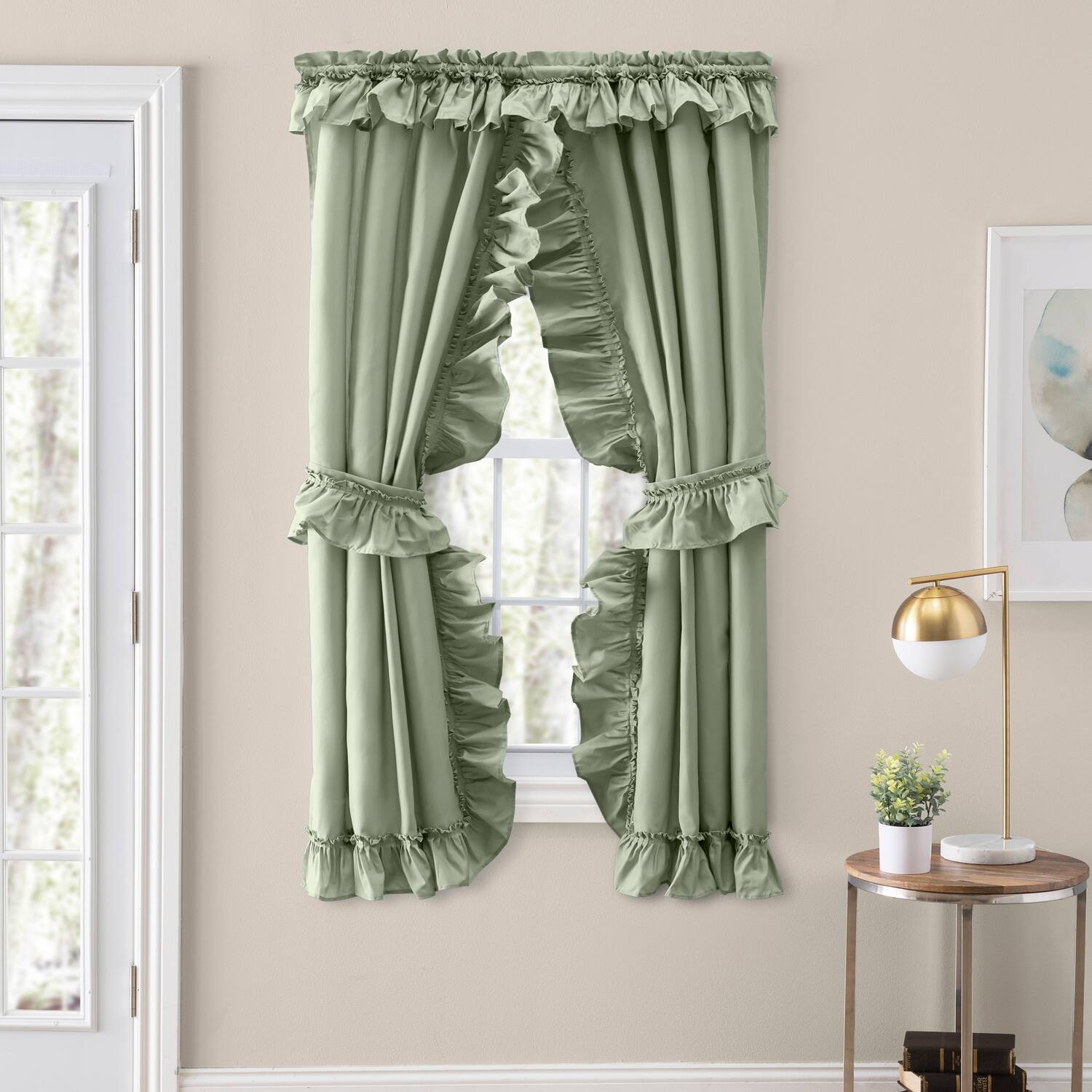 Angle. Ellis Curtain - ELLIS 70% Polyester 30% Cotton Stacey Ruffled Prscilla Pairs With Tiebacks 54" x 63" Sage - Sage.
