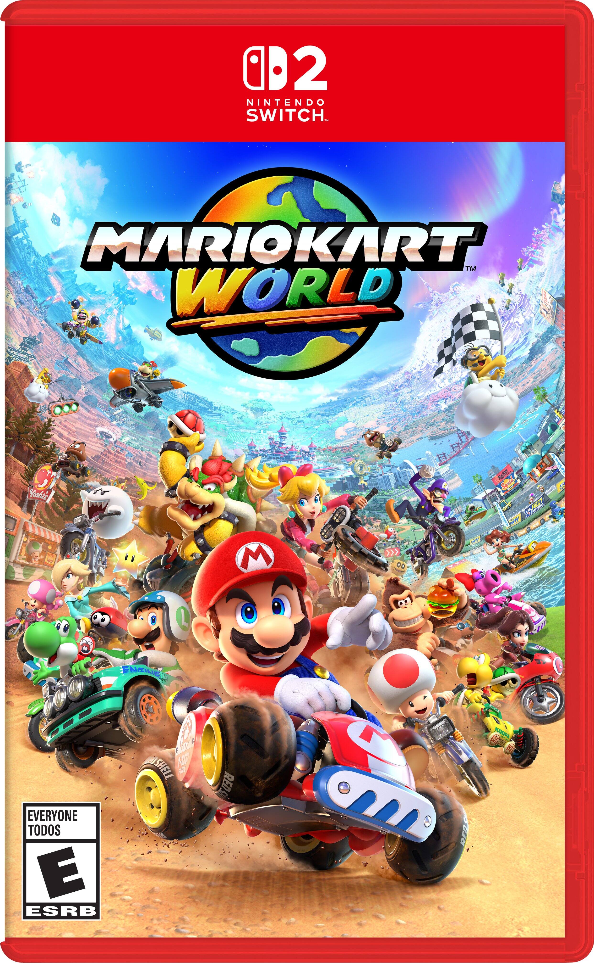 "MarioKart World" is the title of the game, and it is available on the Nintendo Switch. The game features a first-person view, allowing players to experience the thrill of racing as if they were in the driver's seat. The game is rated E for Everyone, indicating that it is suitable for players of all ages. The cover of the game features a red background, which is a signature color for the MarioKart franchise. - E (Everyone)