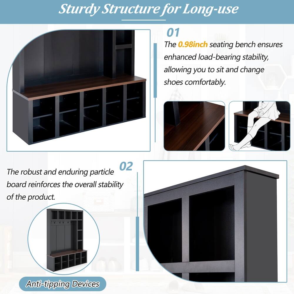 Sturdy Structure for Long-use

01 The 0.98inch seating bench ensures enhanced load-bearing stability, allowing you to sit and change shoes comfortably.

02 The robust and enduring particle board reinforces the overall stability of the product.

Anti-tipping Devices