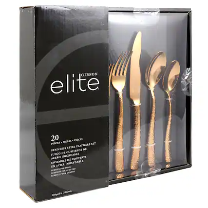GIBSON elite 20 PIECES PIEZAS PIECES SET STEEL FLATWARE STAINLESS CUBIERTOS DE JUEGO INOXIDABLE ACERO COUVERTS DE ENSEMBLE INOXYDABLE EN ACIER FOR FOUR SERVICE PARA CUATRO SERVICIO POUR QUATRE SERVICE in California Designed