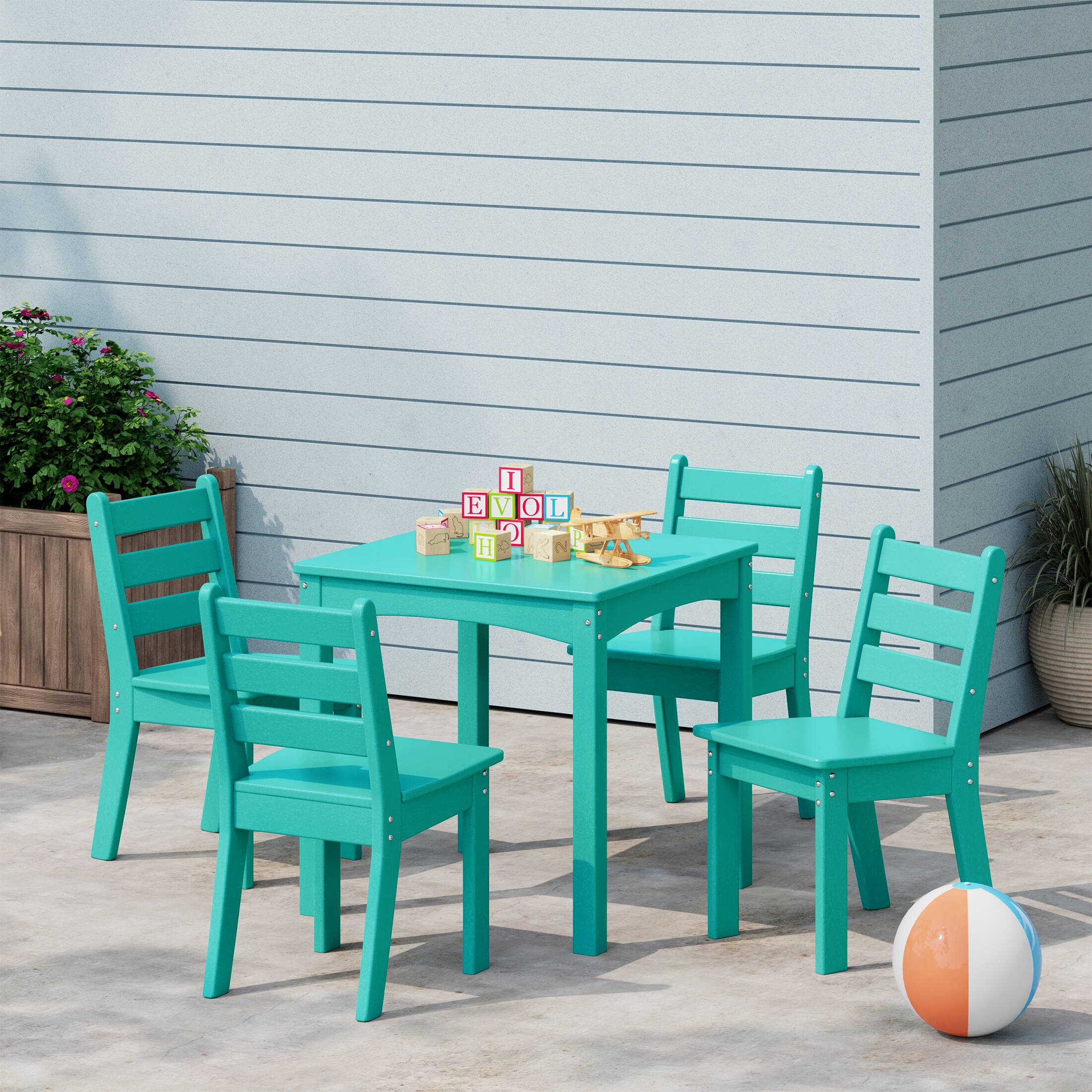 Angle. WestinTrends - WestinTrends Treehouse Kids 5-Piece HDPE Dining Table and Chairs Set - Turquoise.