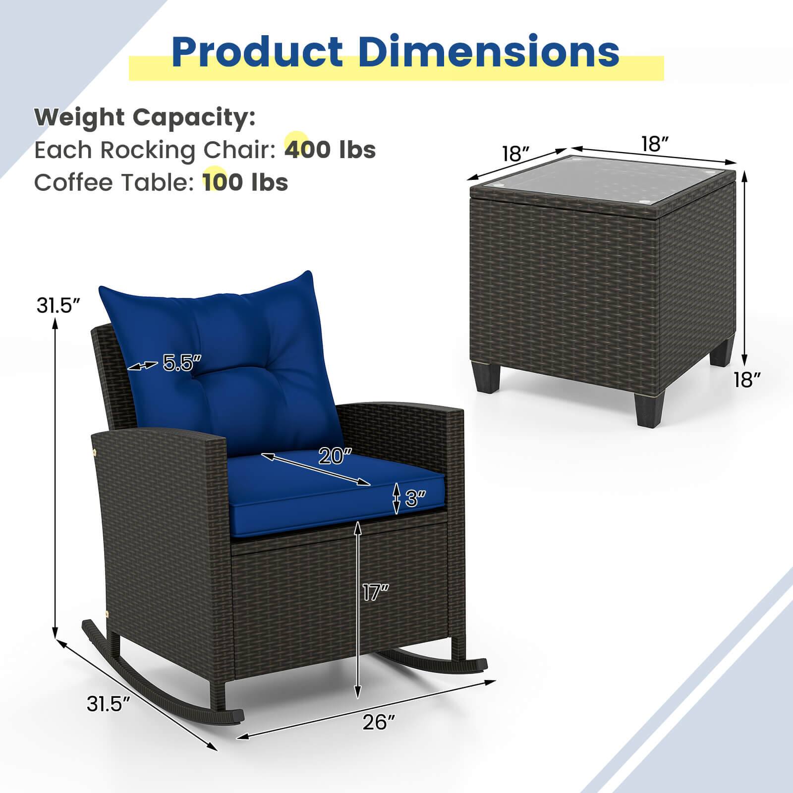 Product Dimensions:

* Weight Capacity: Each Rocking Chair: 400 lbs
* Coffee Table: 100 lbs
* 18" x 18" x 31.5"
* 5.5" x 18" x 20"
* $31.5" x 3"
* 17" x 31.5" x 26"