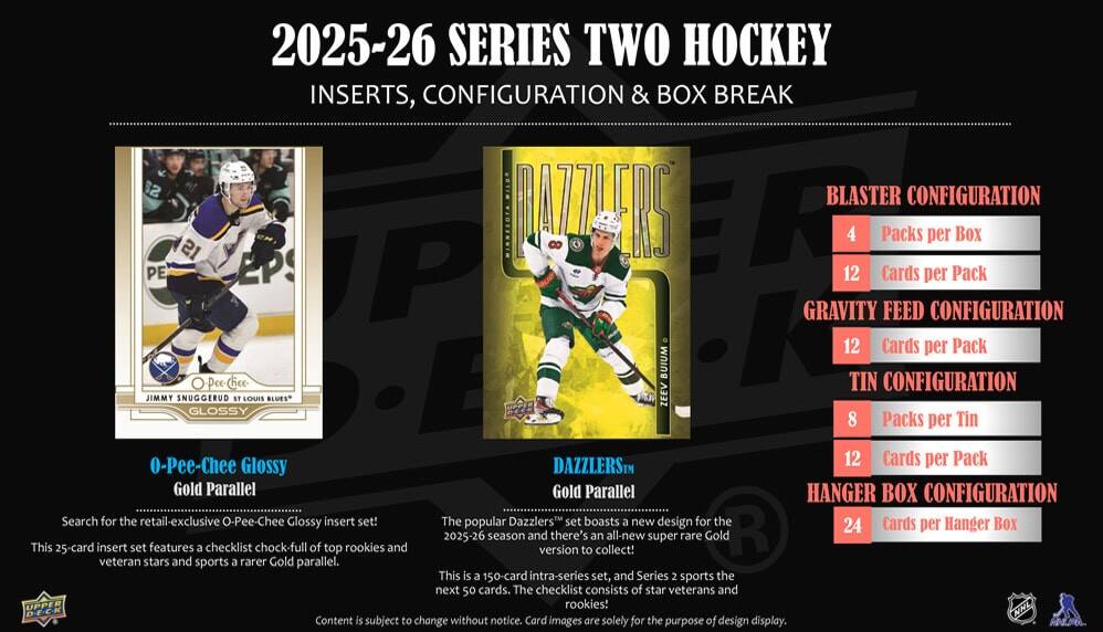 2025-26 SERIES TWO HOCKEY INSERTS, CONFIGURATION & BOX BREAK

**BLASTER CONFIGURATION**
- 4 Packs per Box
- 12 Cards per Pack

**GRAVITY FEED CONFIGURATION**
- 12 Cards per Pack

**TIN CONFIGURATION**
- 8 Packs per Tin
- 12 Cards per Pack

**HANGER BOX CONFIGURATION**
- 24 Cards per Hanger Box

**O-Pee-Chee Glossy Gold Parallel**
- Search for the retail-exclusive O-Pee-Chee Glossy insert set!
- This 25-card insert set features a checklist chock-full of top rookies and veteran stars and sports a rarer Gold parallel.

**DAZZLERS™ Gold Parallel**
- The popular Dazzlers™ set boasts a new design for the 2025-26 season and there's an all-new super rare Gold version to collect!
- This is a 150-card intra-series set, and Series 2 sports the next 50 cards. The checklist consists of star veterans and rookies!

Content is subject to change without notice. Card images are solely for the purpose of design display.
