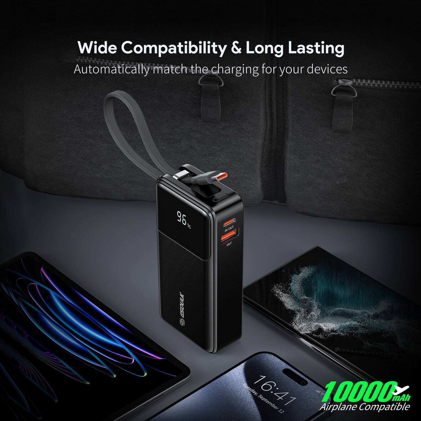 Wide Compatibility & Long Lasting Automatically match the charging for your devices 96 x NNOUT OUT EFOULK 1 Fucrday, 16:41 10000 mAh September 12 Airplane Compatible