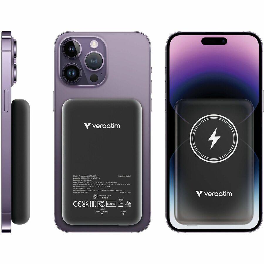 Verbatim Mode Pose s EP-50 Velalina sees Compact * a B7W dumary Spe p 10 tA zAIE - Mu] Csm s. 1r E - - Charars R 10 W Ma Tata n - - una - - . -i Tos Mde Uhina PS vertumm . CE UK EAC FC RoHS CA STPE UNBL hpul Dutput Pooser verbatim

Model: Power Bank AKP-5000W-10K
Capacity: 10000mAh (37Wh)
Input: USB PD 5V/3A, 9V/2A, 12V/1.5A
Output: USB-C PD 5V/3A, 9V/2A, 12V/1.5A
USB-A 5V/2.4A
Wireless Charging: 5W Qi Wireless Charging
Verbatim General Distributor: Verbatim Japan, Japan
Verbatim Japan, Japan
Verbatim (Shenzhen) Co., Ltd., Shenzhen, China
Verbatim (Shenzhen) Co., Ltd., Shenzhen, China
Verbatim Japan, Japan
