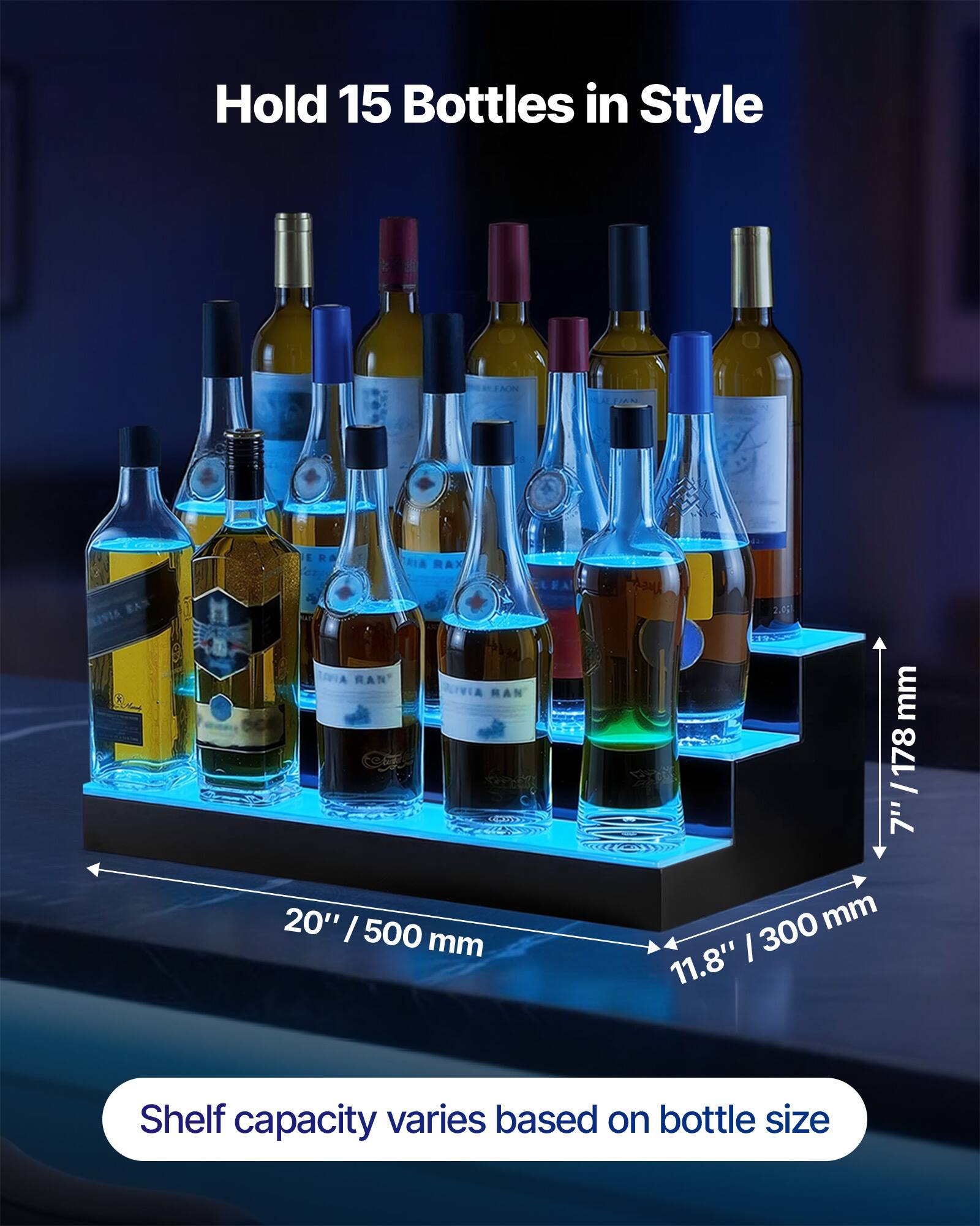 Hold 15 Bottles in Style

FAON E AA RAX LEA LIVIA RAN' JIVIA RAN

178 mm / 7" 20" / 500 mm 11.8" / 300 mm

Shelf capacity varies based on bottle size
