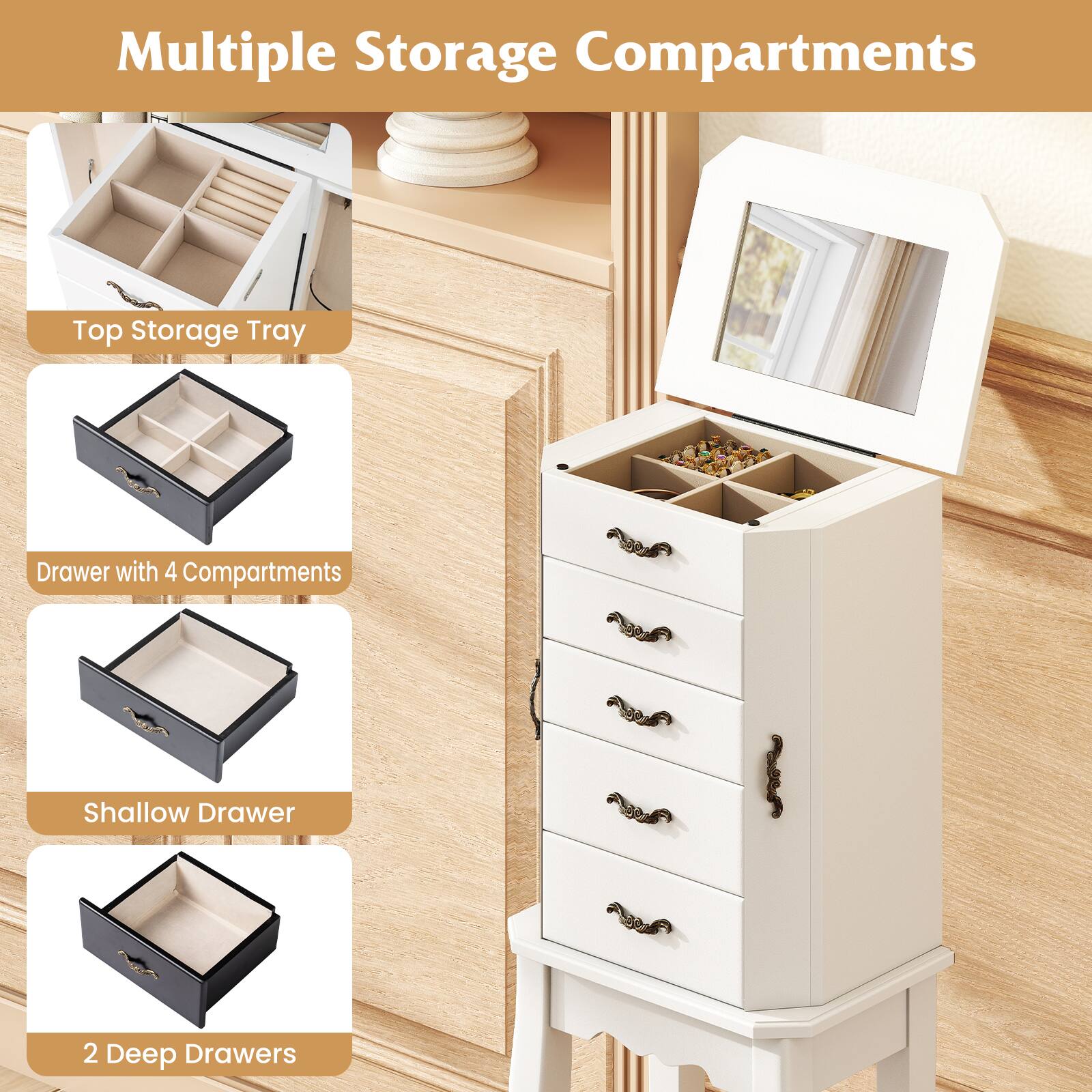 Multiple Storage Compartments

- Top Storage Tray
- Drawer with 4 Compartments
- Shallow Drawer
- 2 Deep Drawers