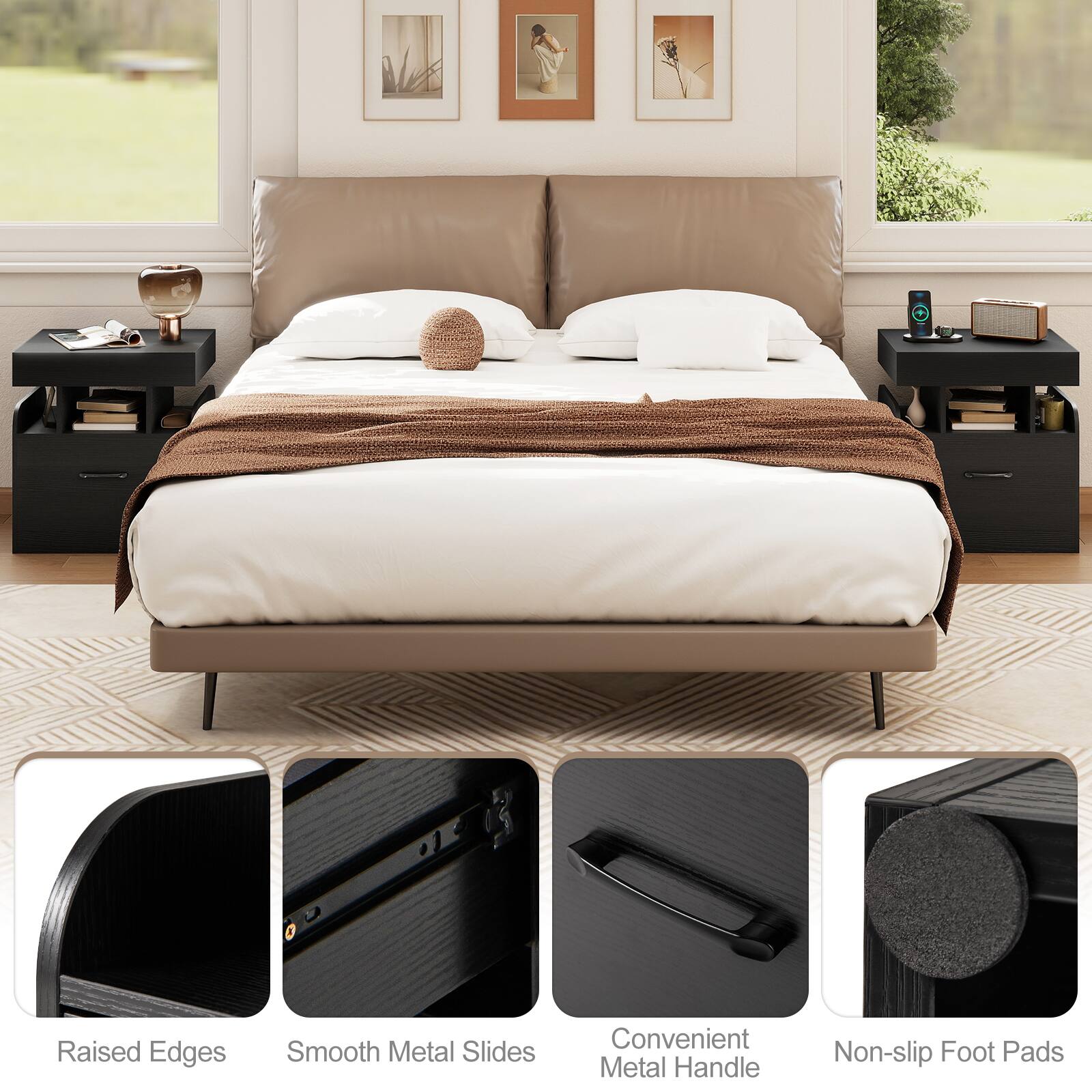 Raised Edges  
Smooth Metal Slides  
Convenient Metal Handle  
Non-slip Foot Pads